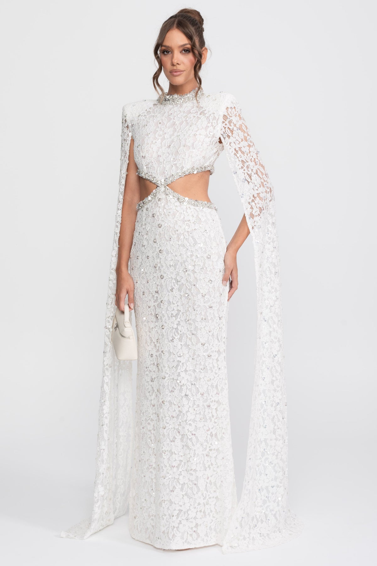 Crystal Cutout Lace Column Gown with Sequins and Cape Sleeves – White – view 5