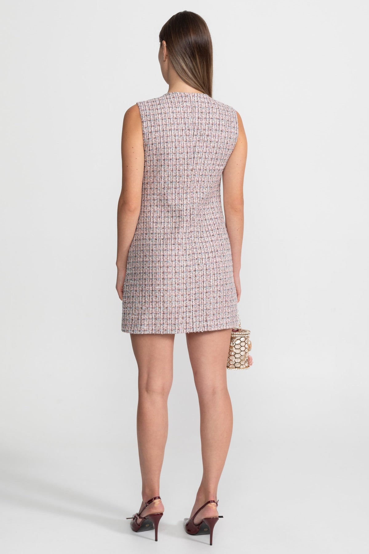Sleeveless Round Neck Tweed Mini Dress with Flap Pockets – Pink