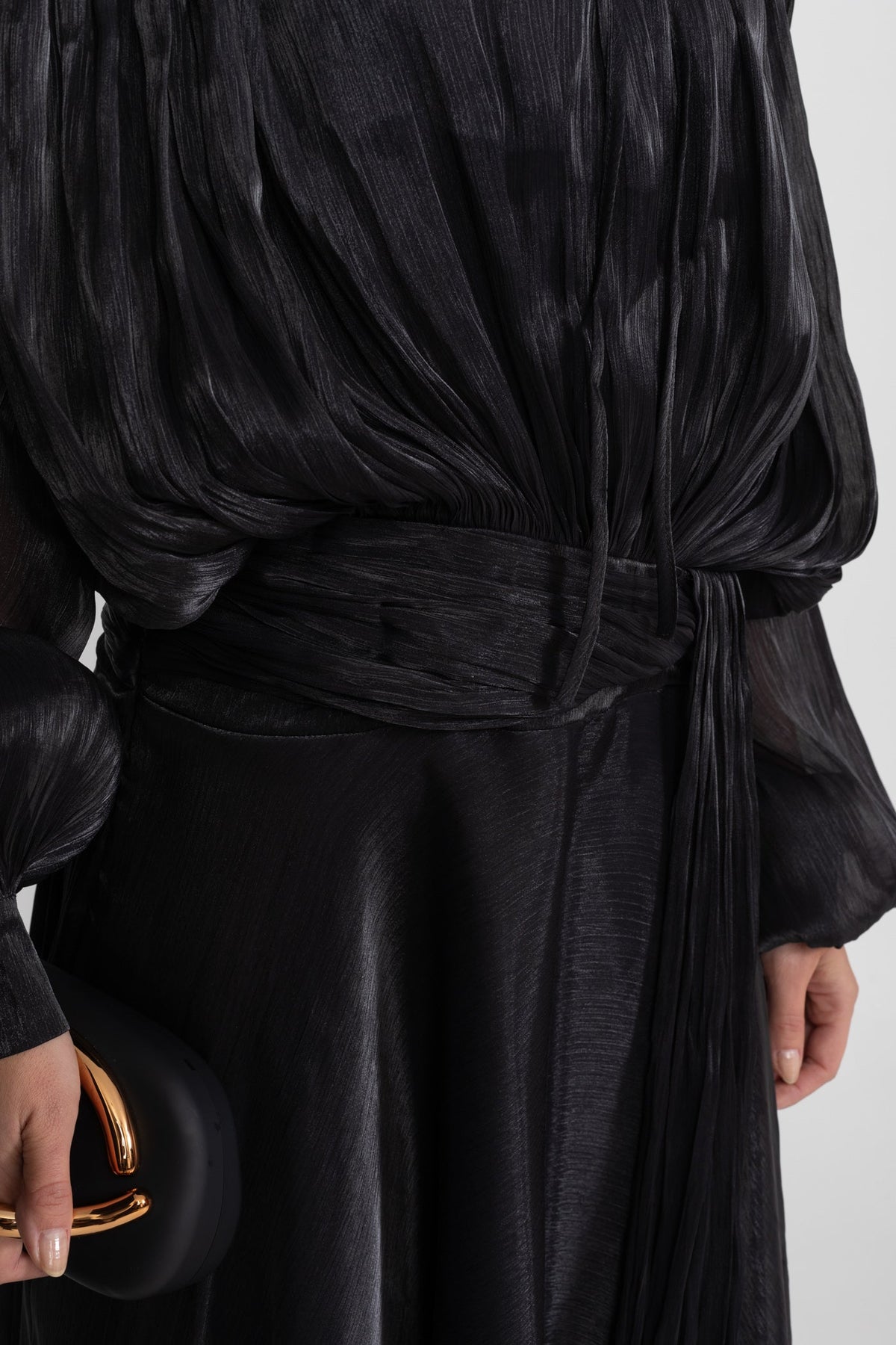 Pleated Bodice Tie Neck Maxi Dress with Draped Skirt – Black – view 4