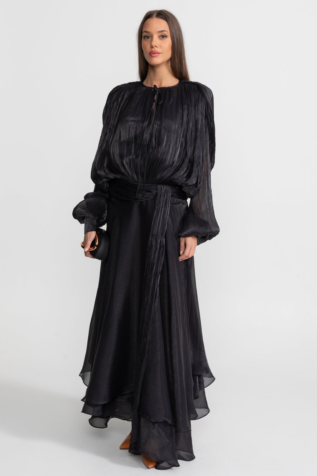 Pleated Bodice Tie Neck Maxi Dress with Draped Skirt – Black