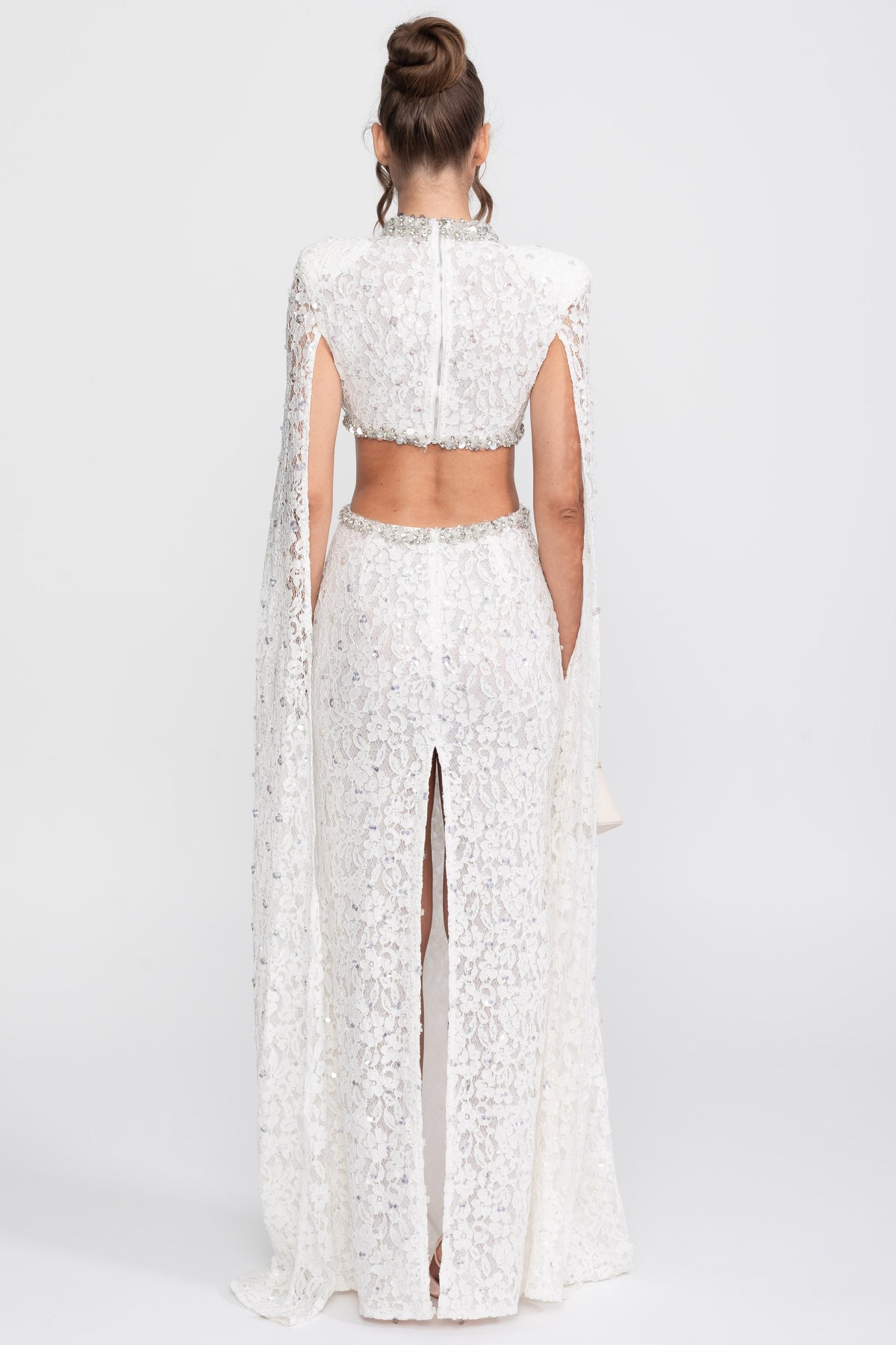 Crystal Cutout Lace Column Gown with Sequins and Cape Sleeves – White – view 11