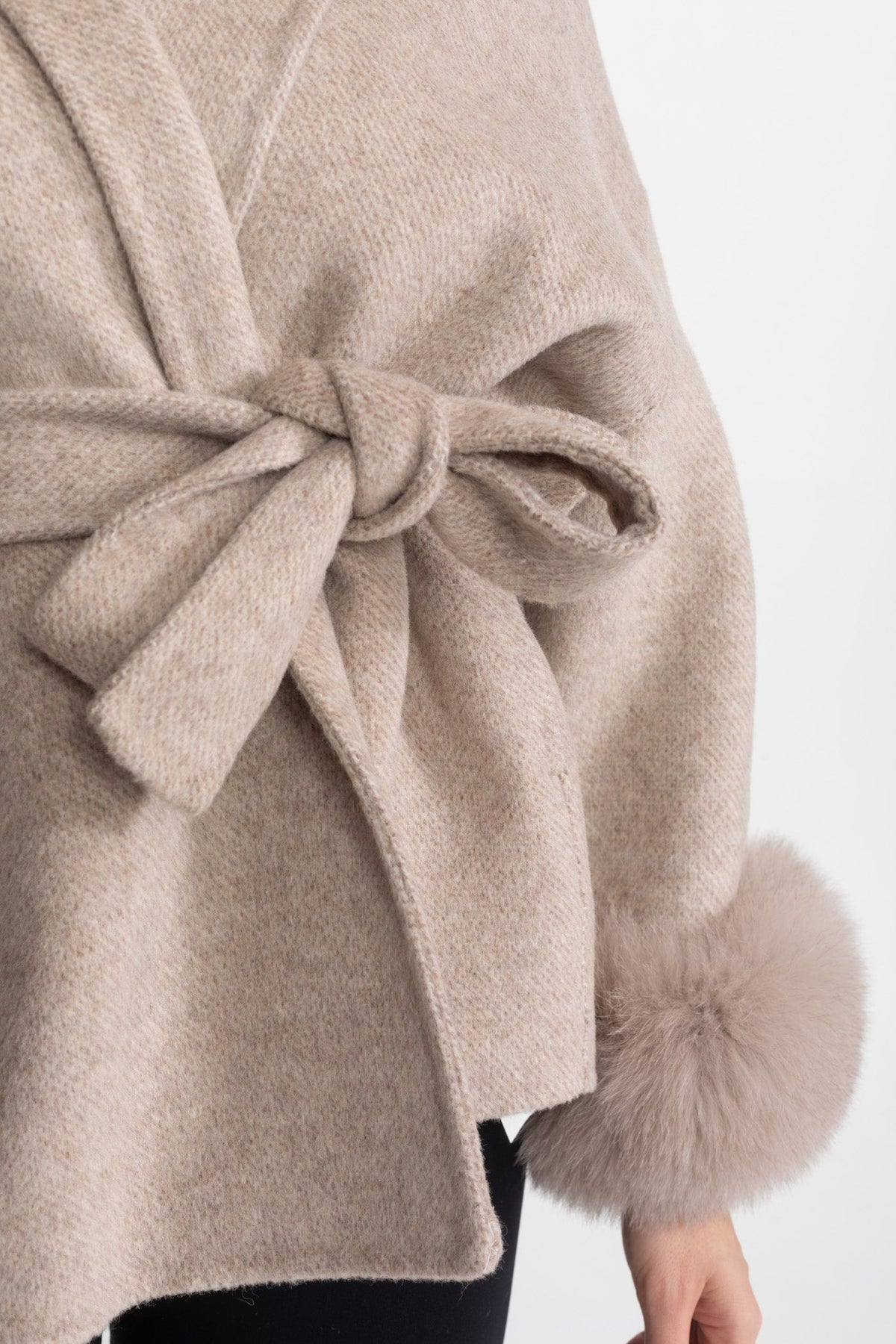 Wool Blend Wrap Jacket with Plush Cuffs – Beige – view 7