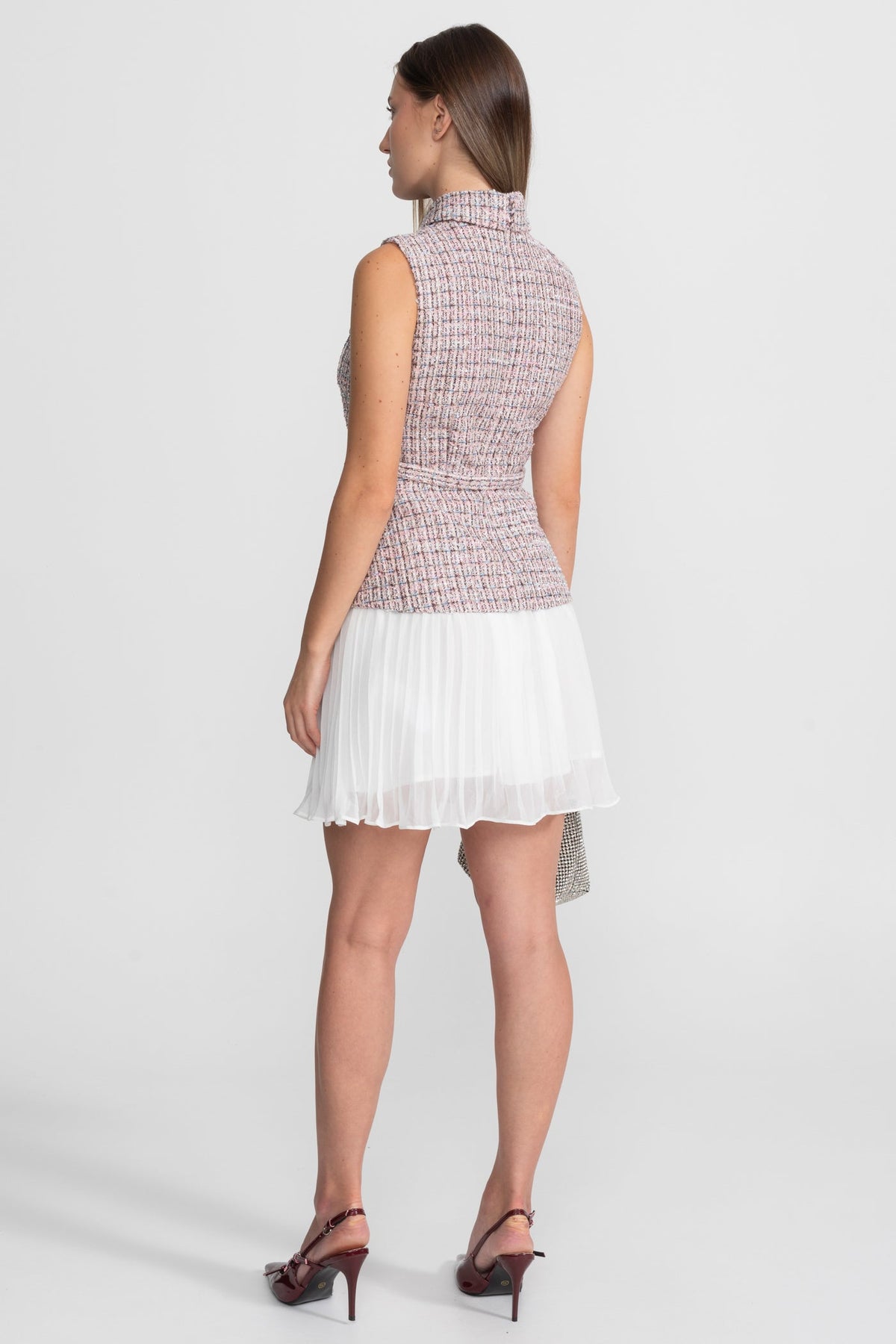 Sleeveless Tweed Vest Dress with Pleated Chiffon Skirt – Pink & White – view 6