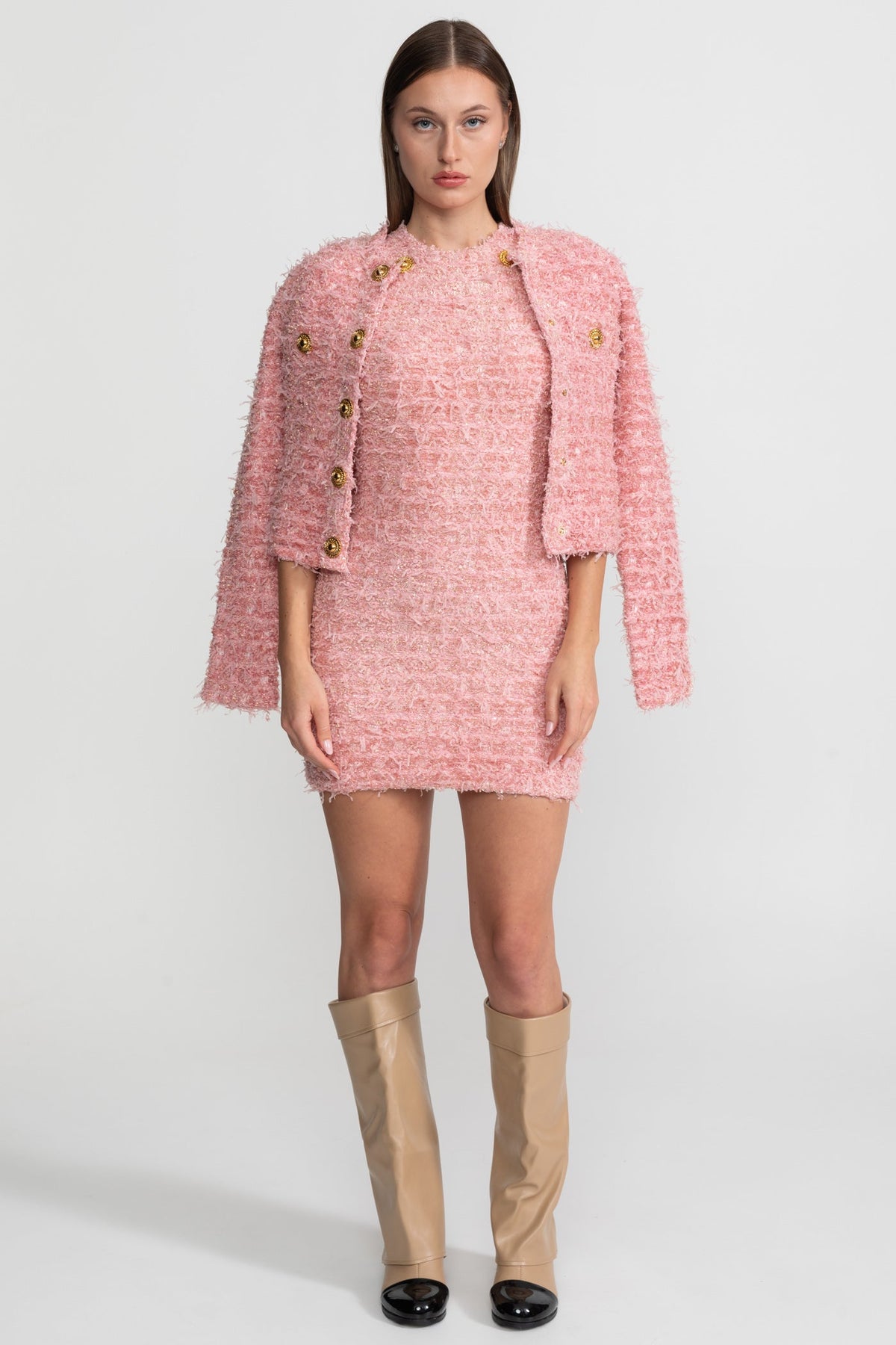 Round Neck Textured Tweed Jacket with Gold Buttons – Pink – view 4
