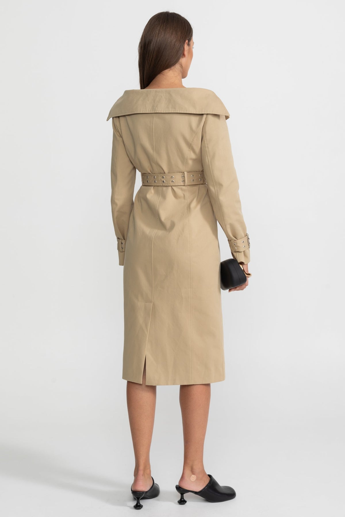 Off-Shoulder Double-Breasted Belted Trench Midi Dress – Brown – view 6