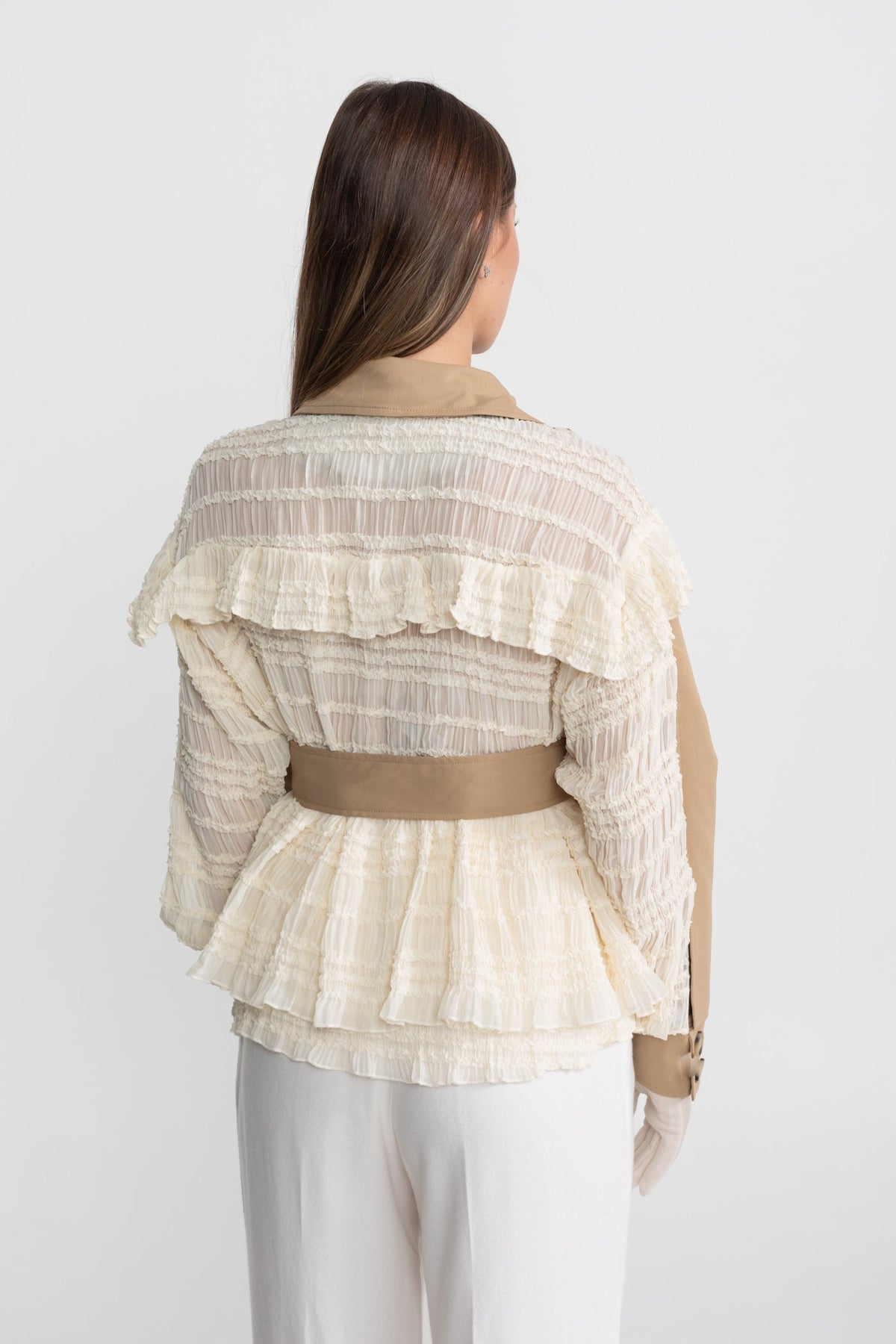 Double-Breasted Lace Panel Trench Jacket with Buckled Belt – Beige