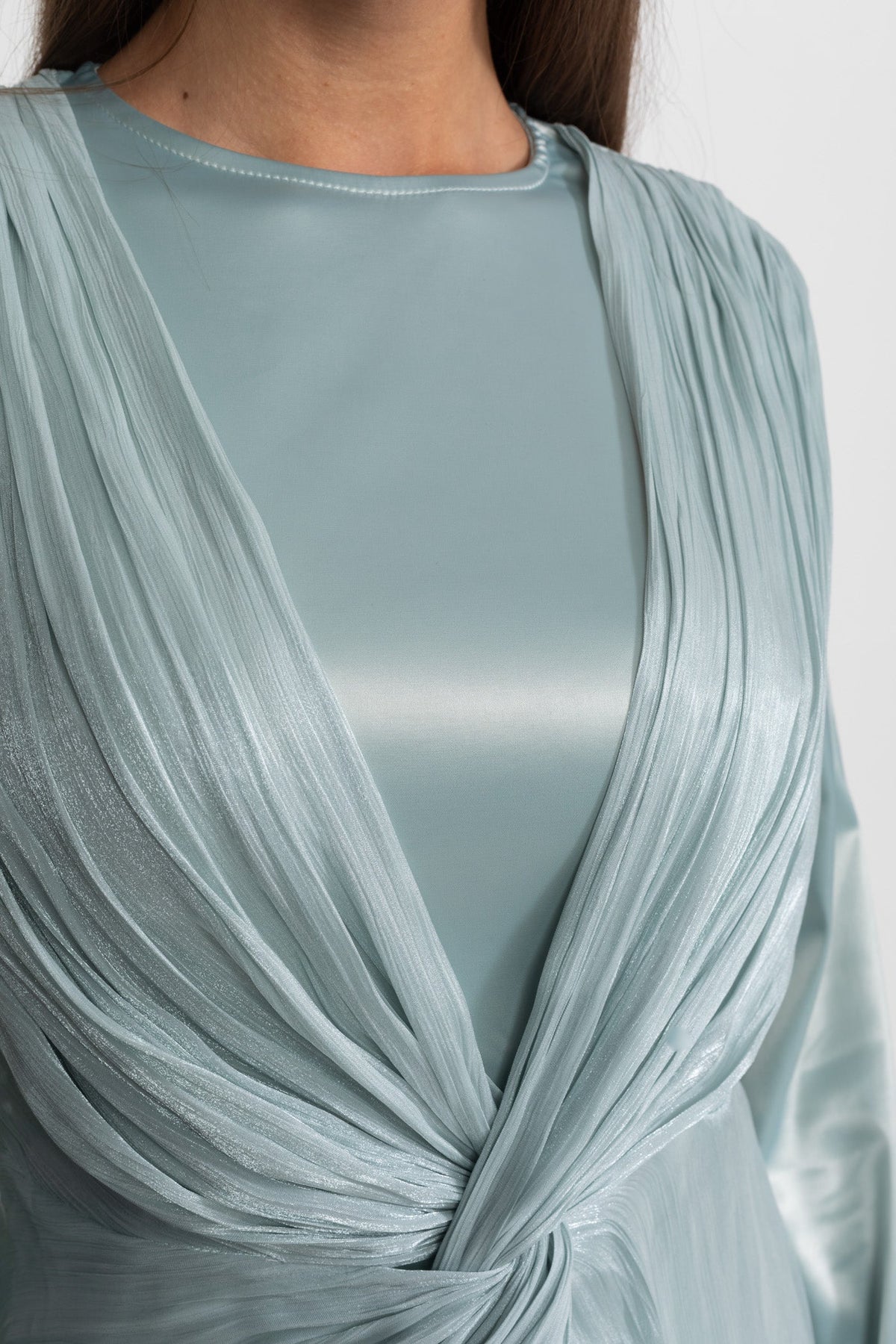 Satin Long Sleeve Midi Dress with Draped Knot Front – Teal – view 5
