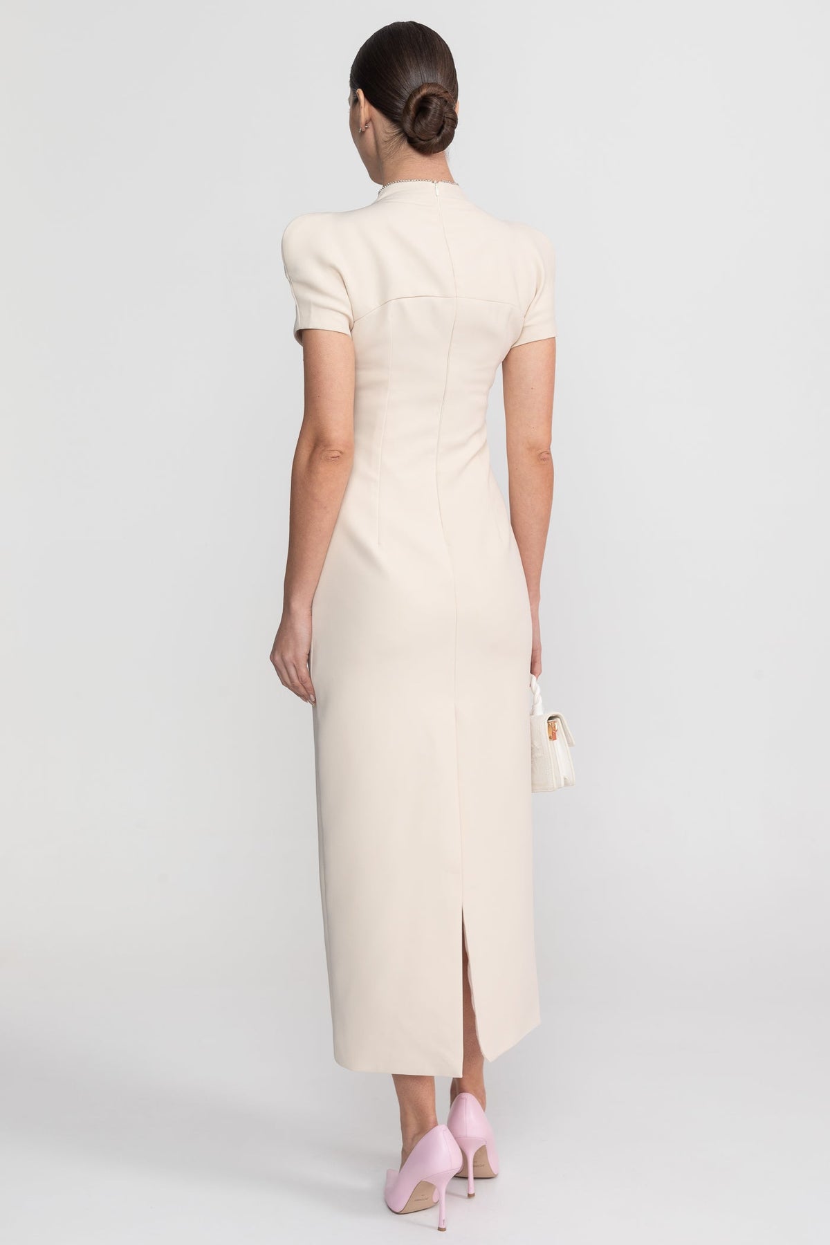 Structured Split Neck Short Sleeve Midi Dress with Crystal Trim – Ivory – view 7
