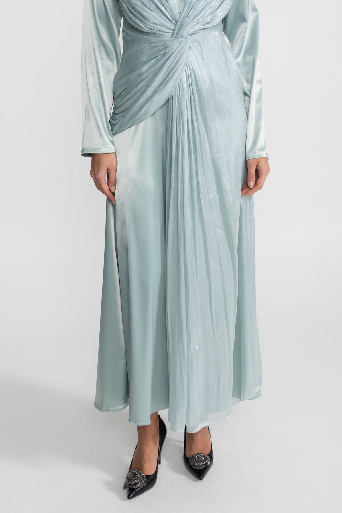 Satin Long Sleeve Midi Dress with Draped Knot Front – Teal – view 6