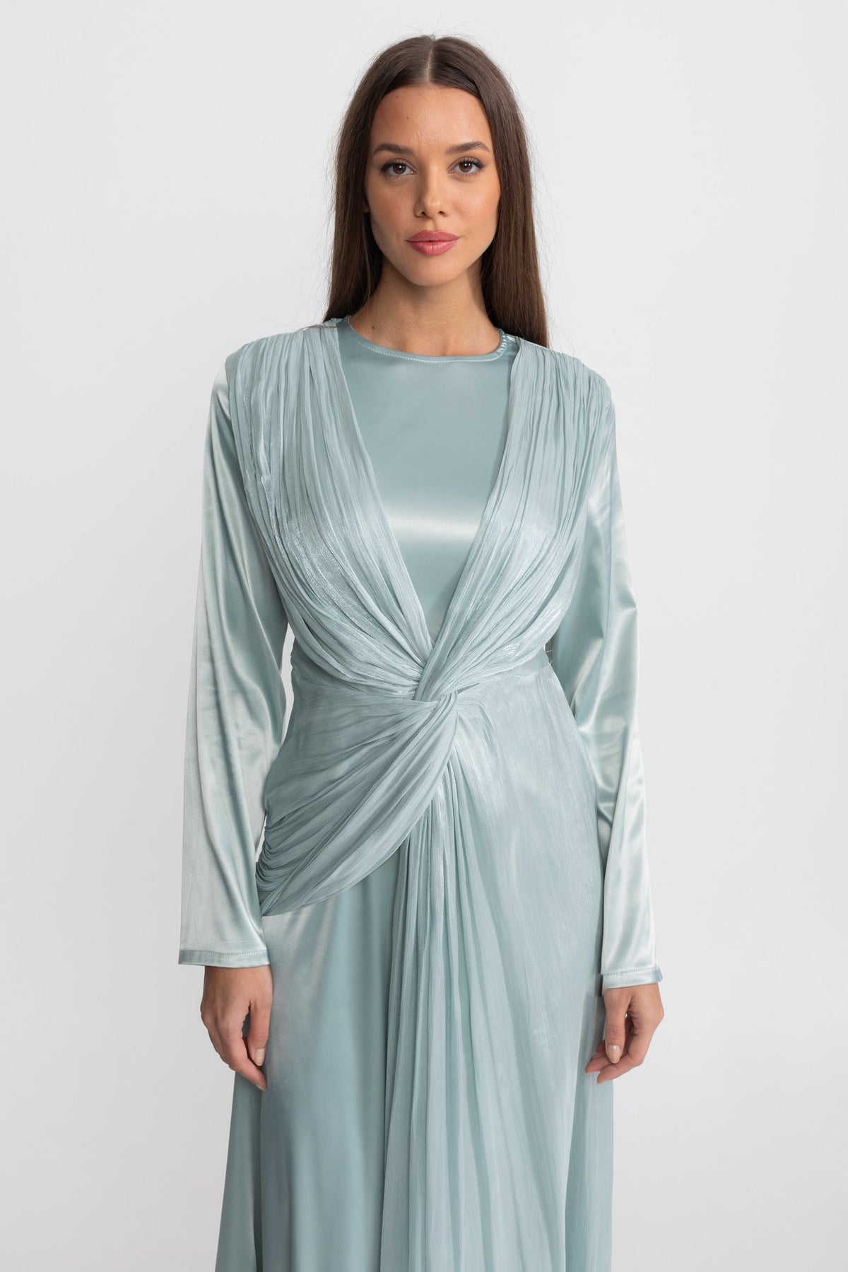 Satin Long Sleeve Midi Dress with Draped Knot Front – Teal – view 3