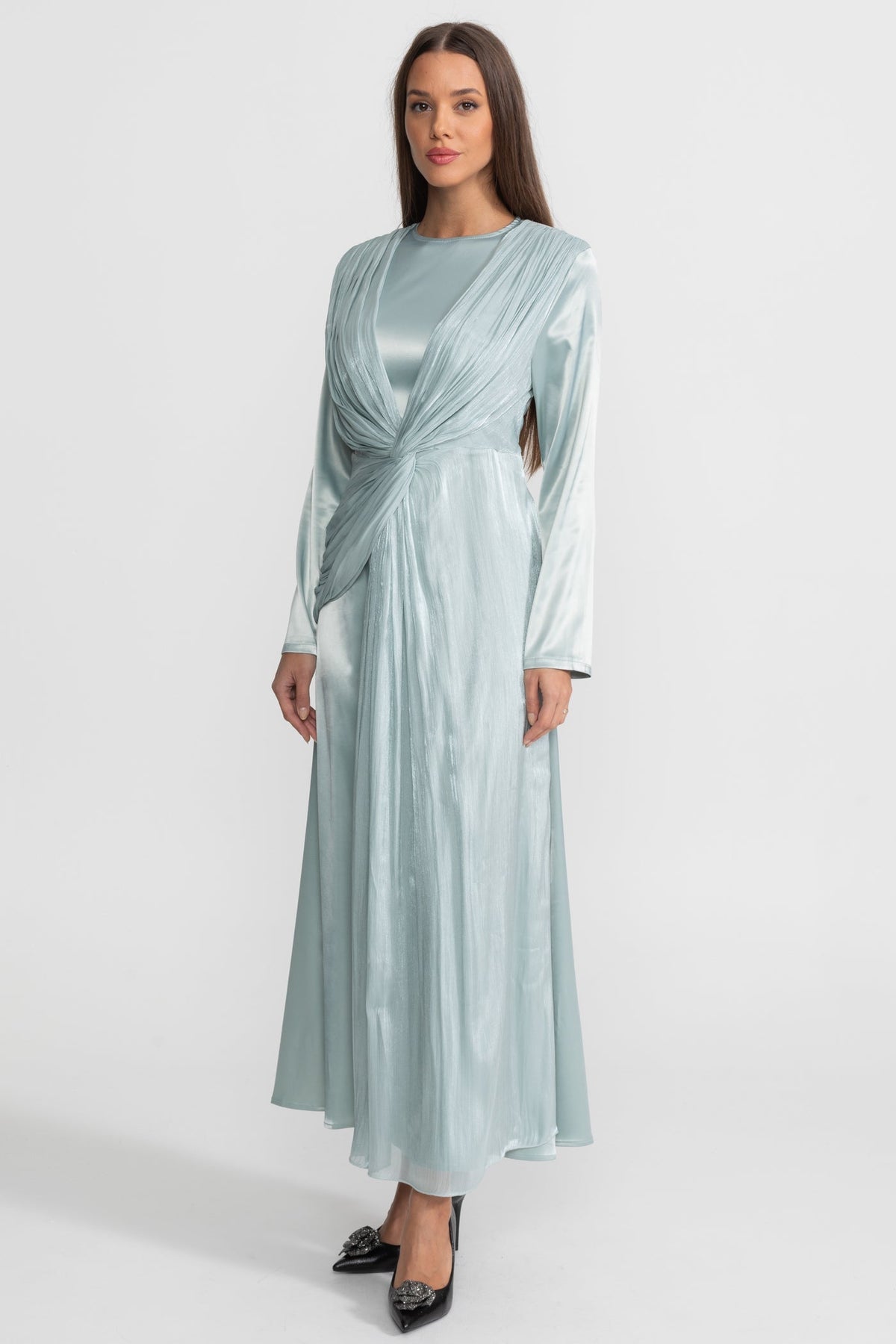Satin Long Sleeve Midi Dress with Draped Knot Front – Teal – view 4