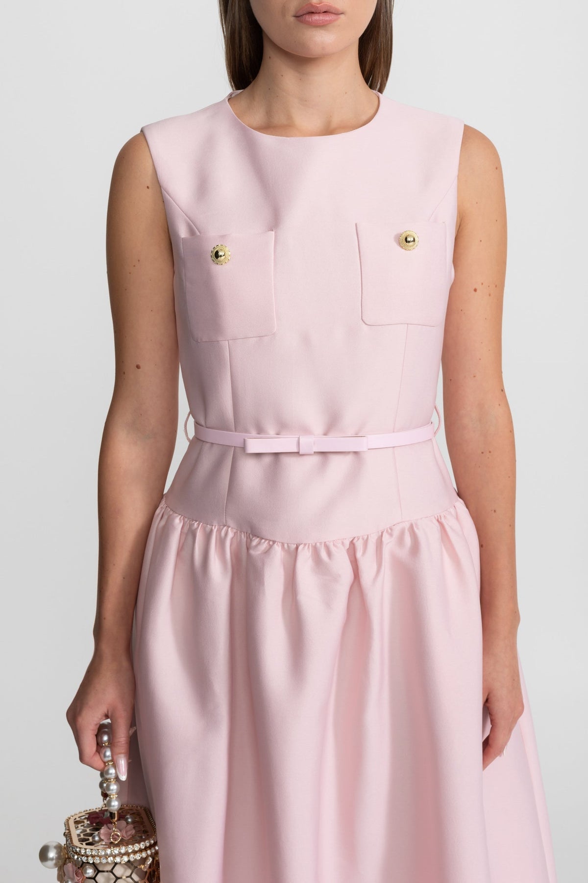 Satin Sleeveless Midi Dress with Belted Waist and Flap Pockets – Blush Pink