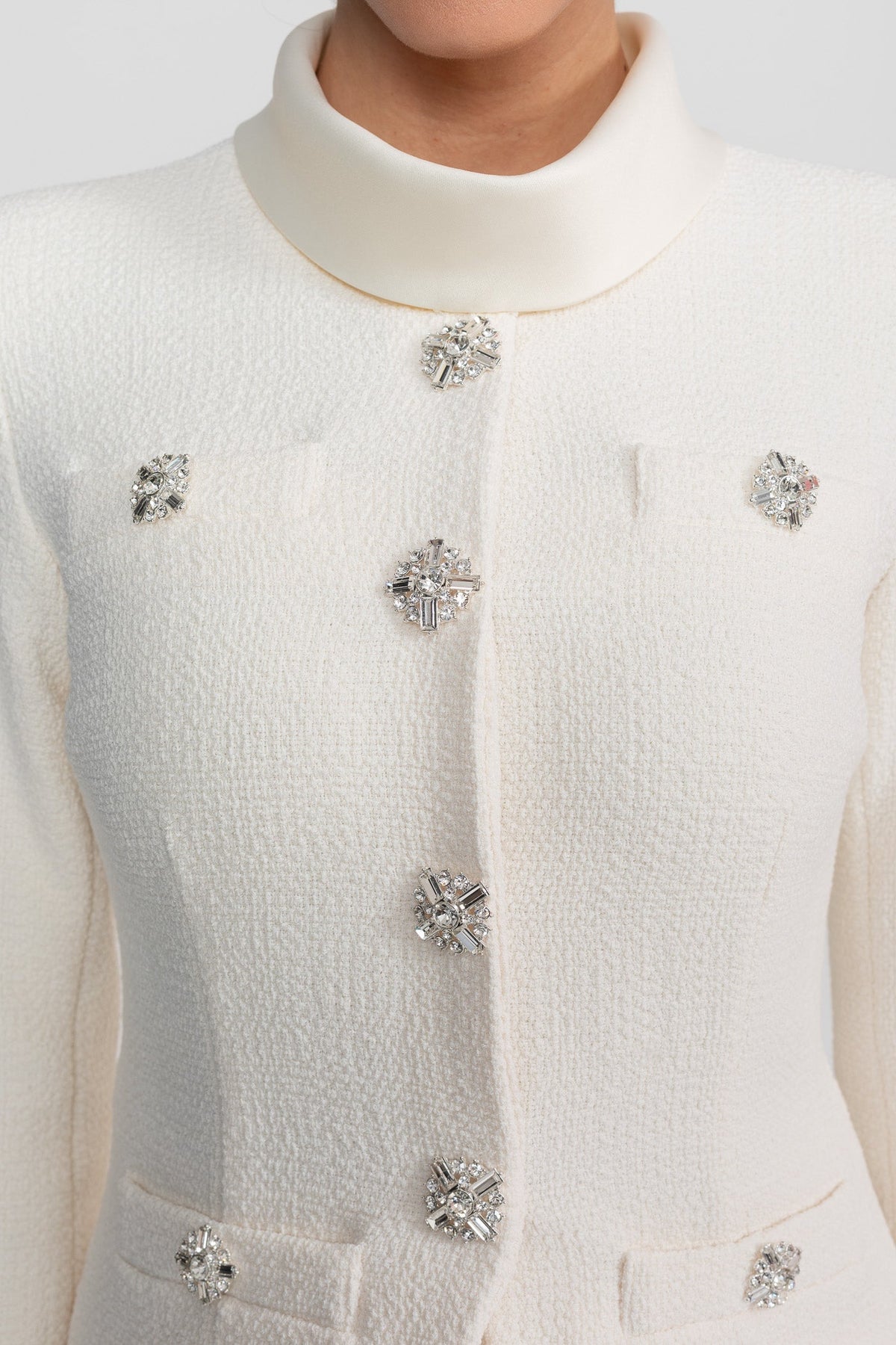 High Neck Bouclé-Style Midi Dress with Crystal Buttons – White – view 6