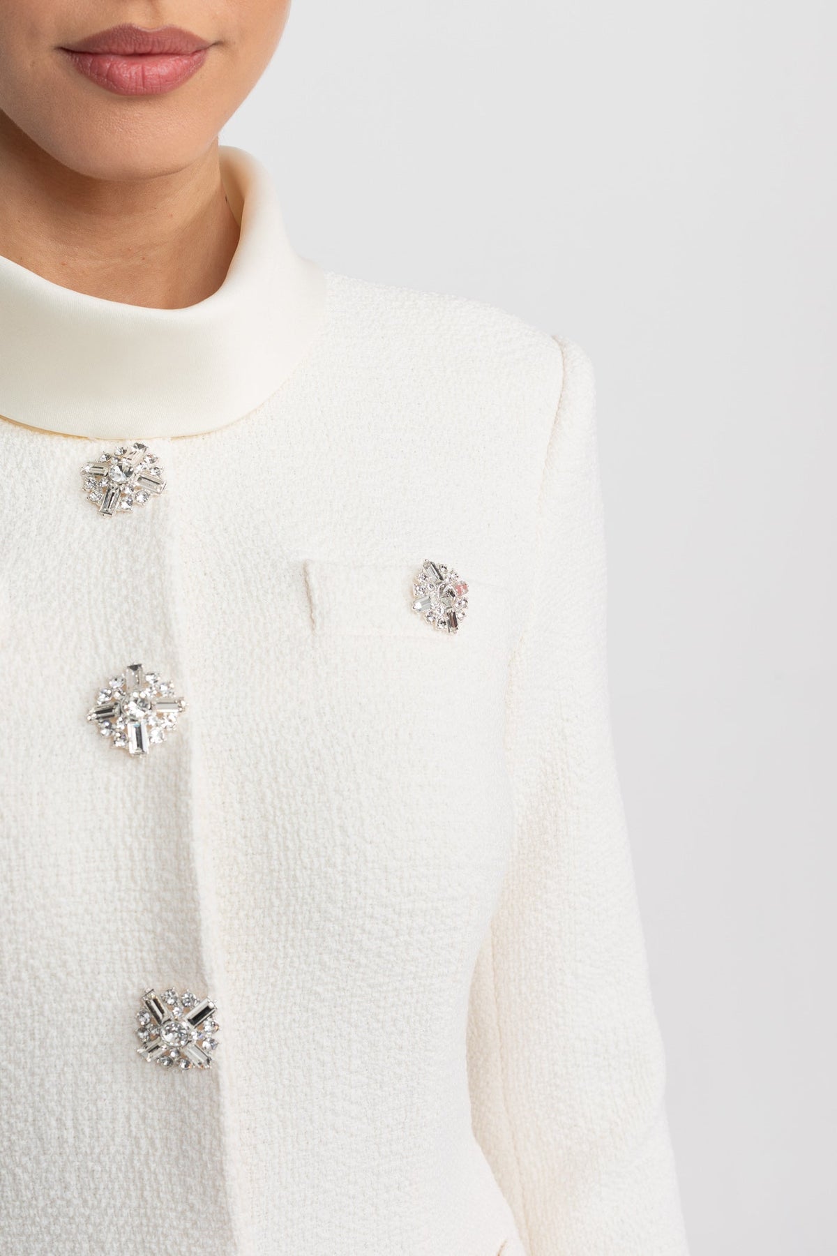 High Neck Bouclé-Style Midi Dress with Crystal Buttons – White – view 7