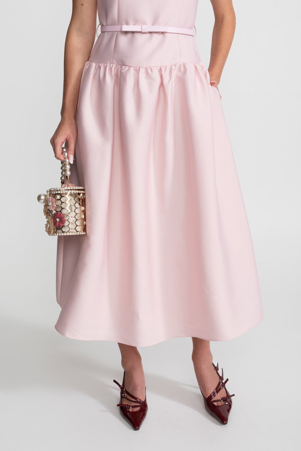 Satin Sleeveless Midi Dress with Belted Waist and Flap Pockets – Blush Pink