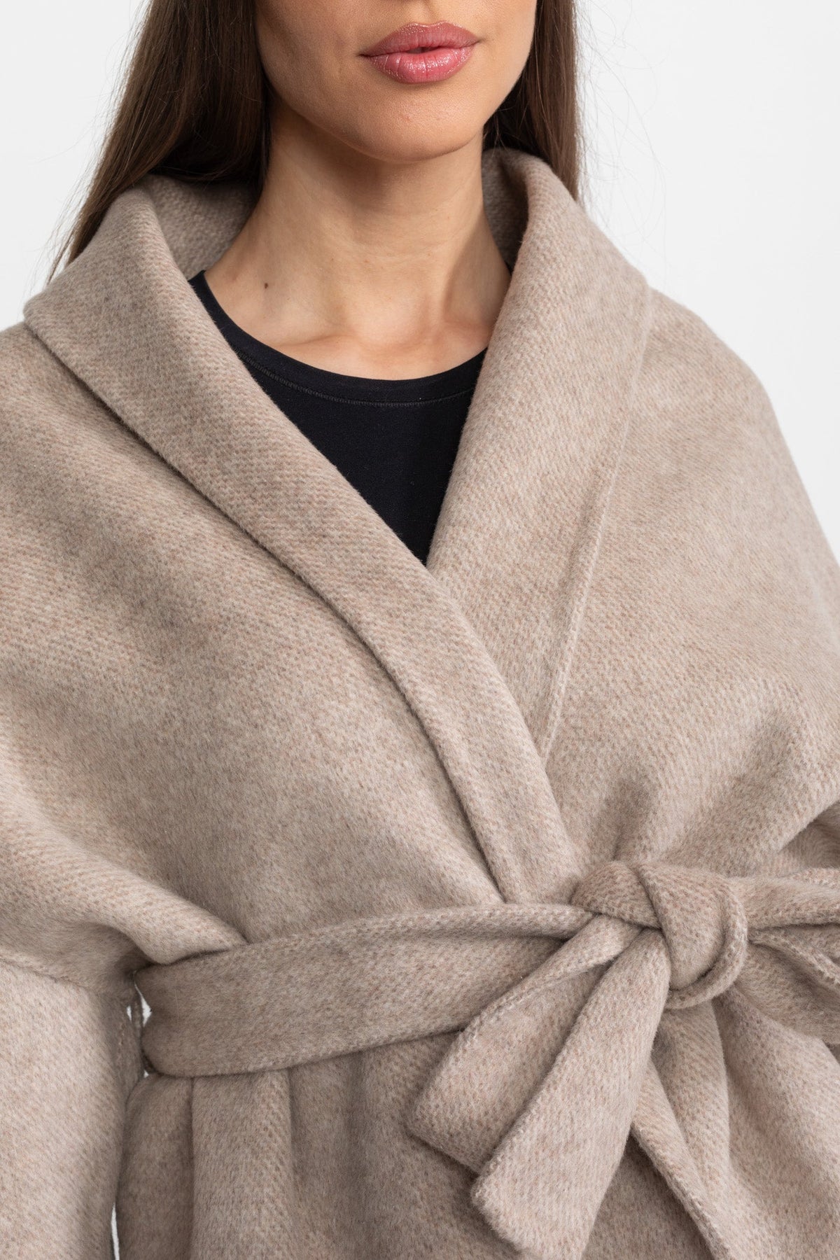 Wool Blend Wrap Jacket with Plush Cuffs – Beige – view 6