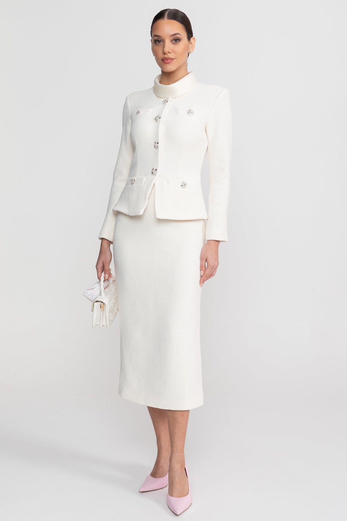 High Neck Bouclé-Style Midi Dress with Crystal Buttons – White – view 8