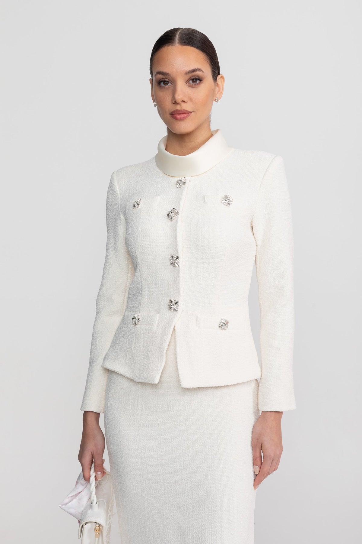 High Neck Bouclé-Style Midi Dress with Crystal Buttons – White – view 9