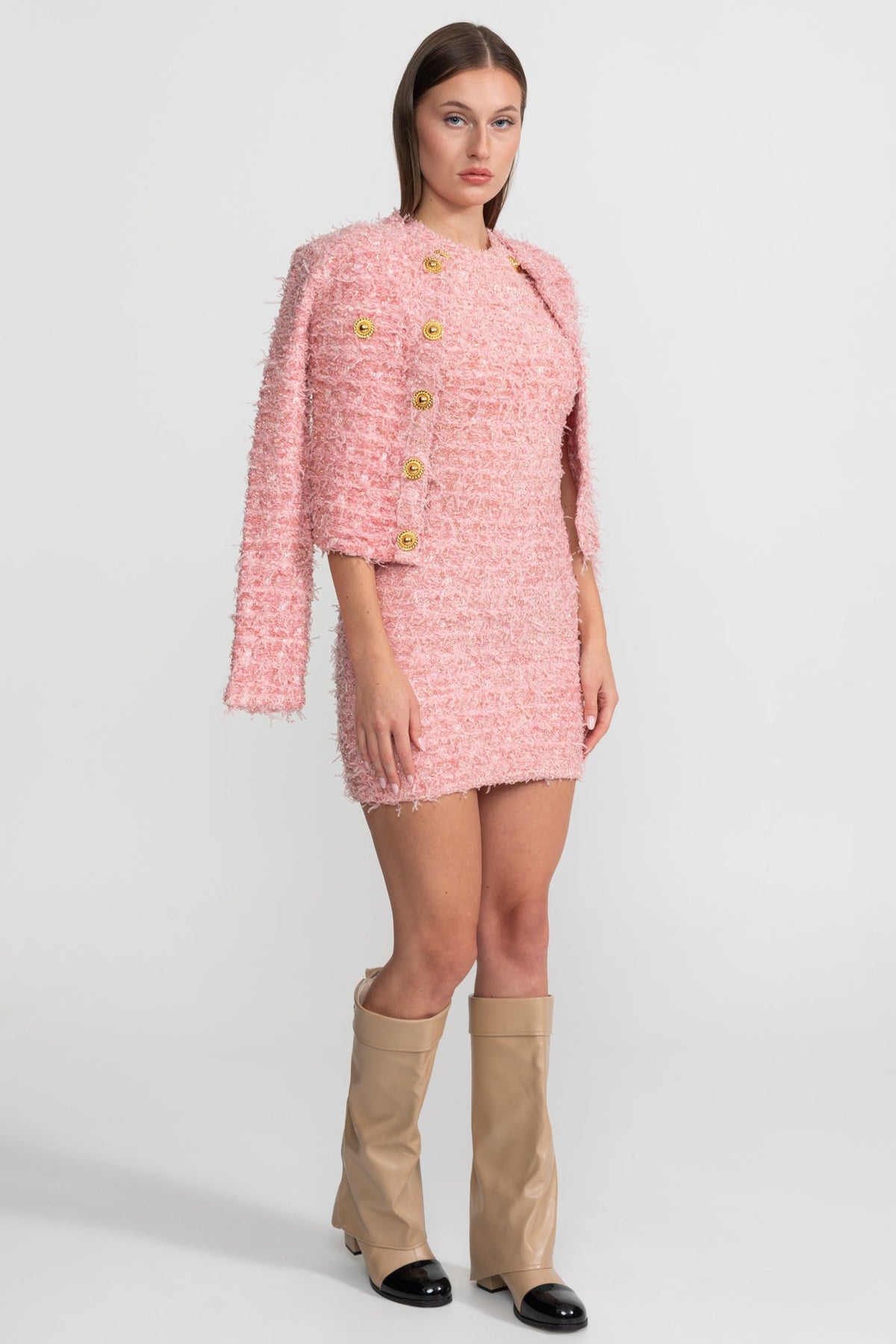 Round Neck Textured Tweed Jacket with Gold Buttons – Pink – view 3