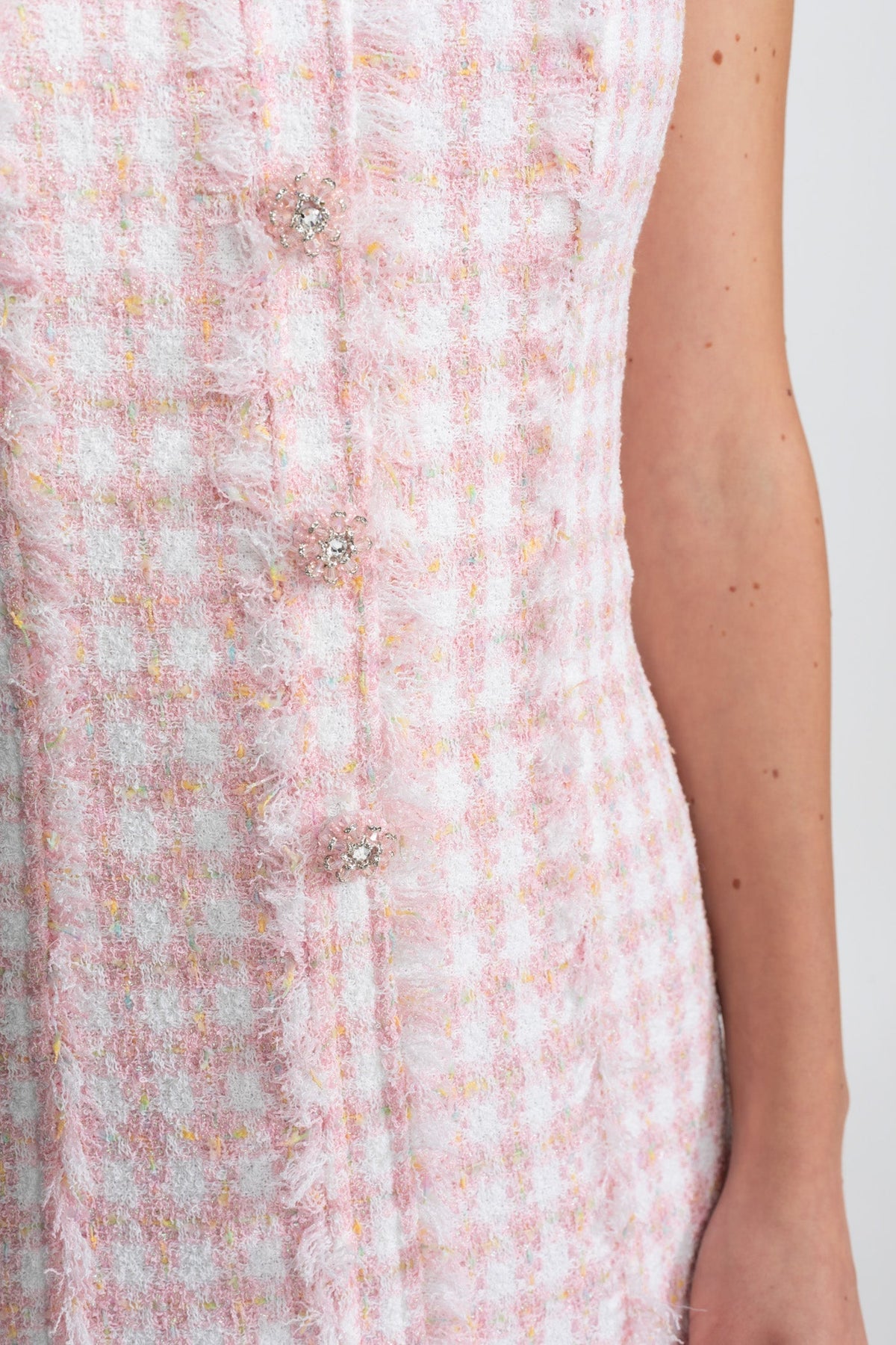 Square Neck Tweed Mini Dress with Frayed Trim – Blush Pink – view 3