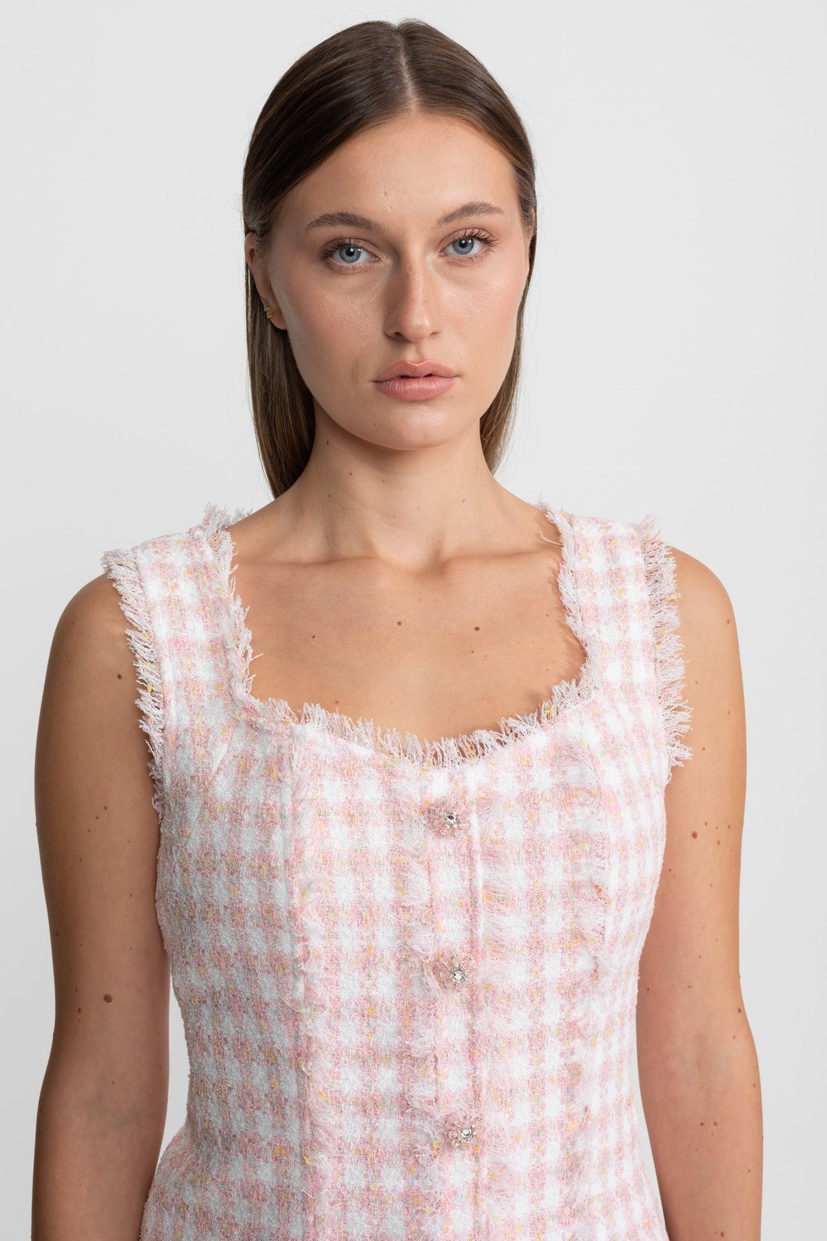 Square Neck Tweed Mini Dress with Frayed Trim – Blush Pink – view 4