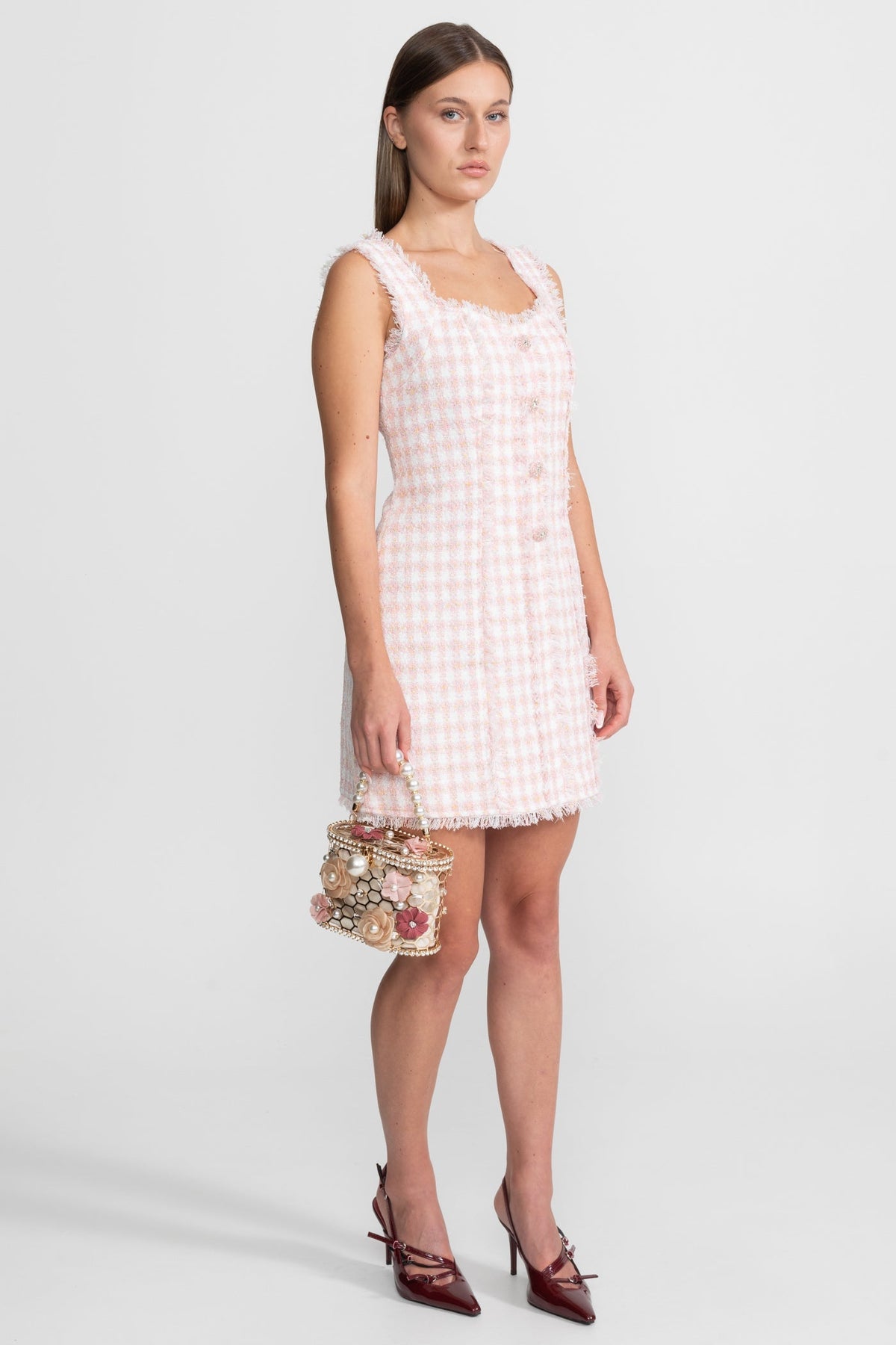 Square Neck Tweed Mini Dress with Frayed Trim – Blush Pink