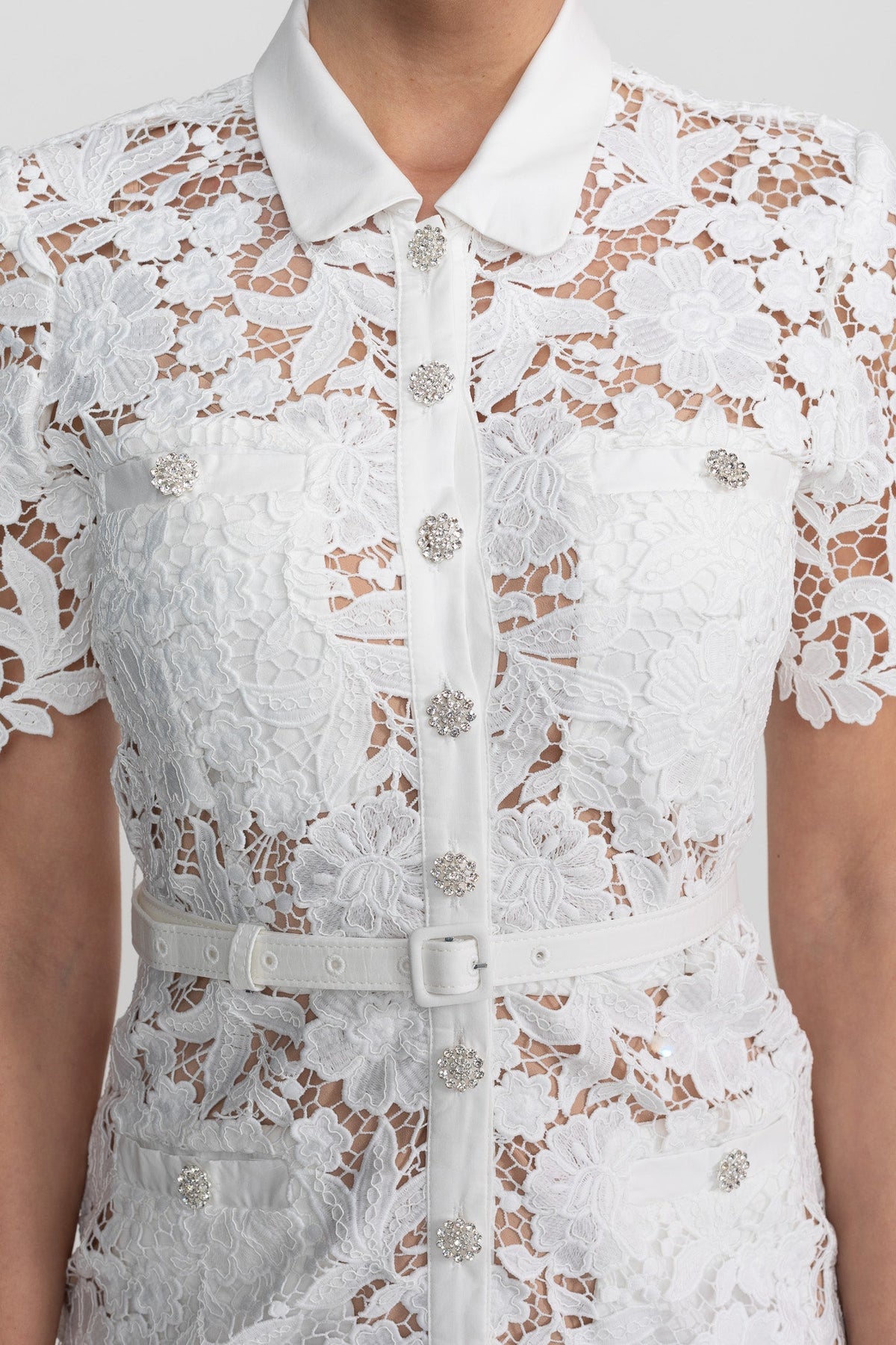 Lace Short Sleeve Collared Midi Dress with Belted Waist – White