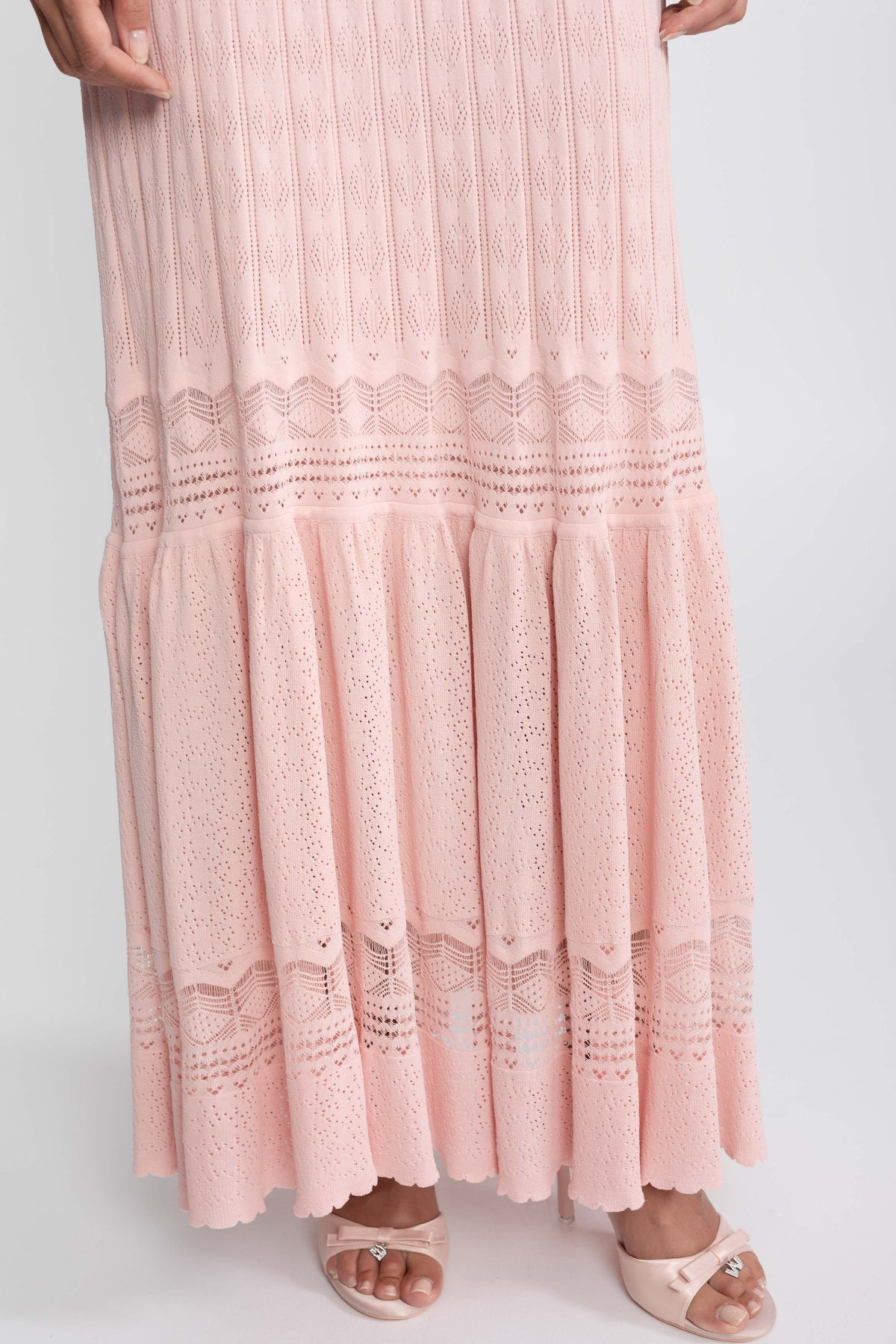 Ruffled Waist Knit Top and Maxi Skirt Set with Pearl Buttons – Pink – view 10