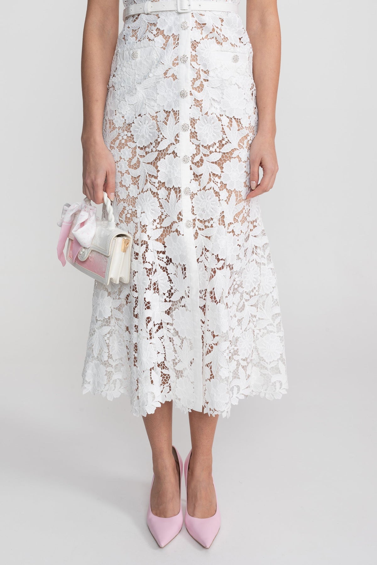 Lace Short Sleeve Collared Midi Dress with Belted Waist – White