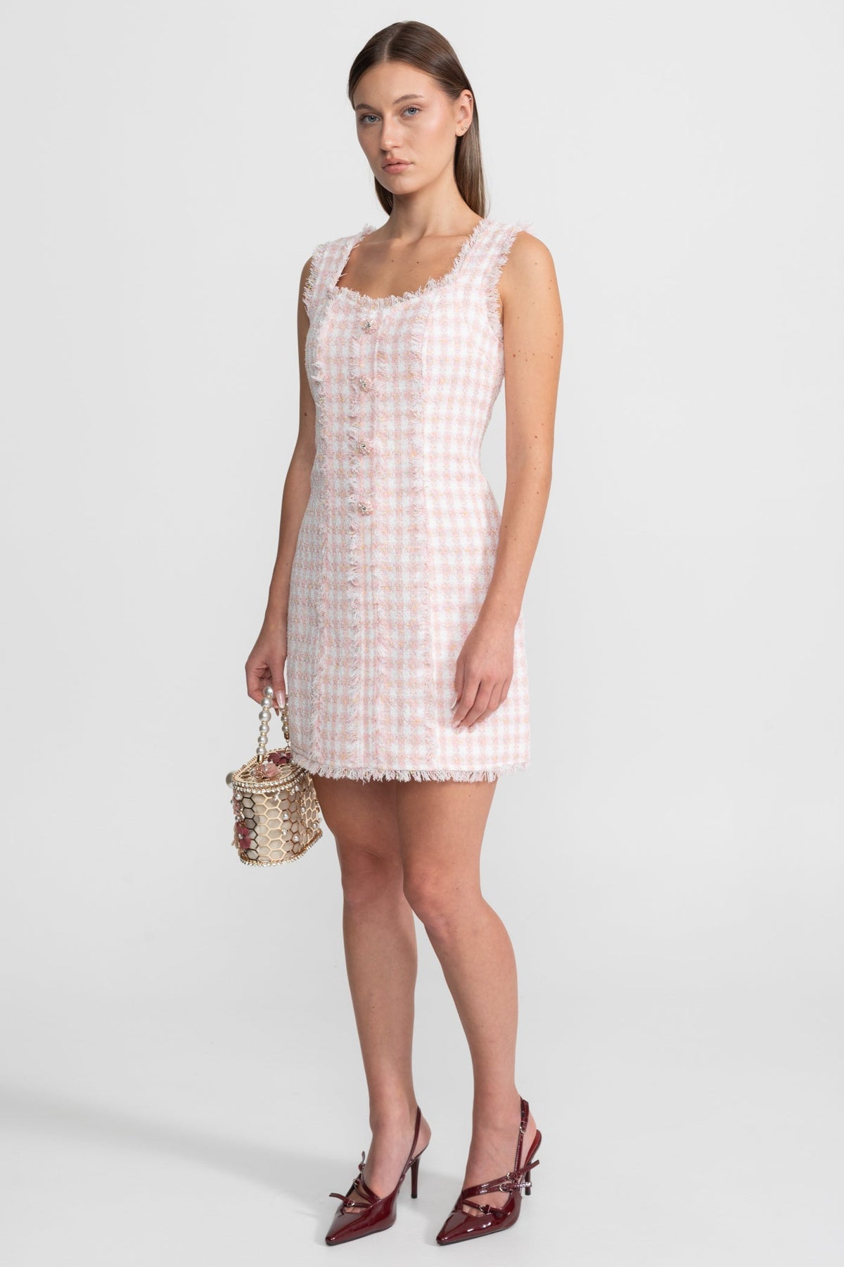Square Neck Tweed Mini Dress with Frayed Trim – Blush Pink