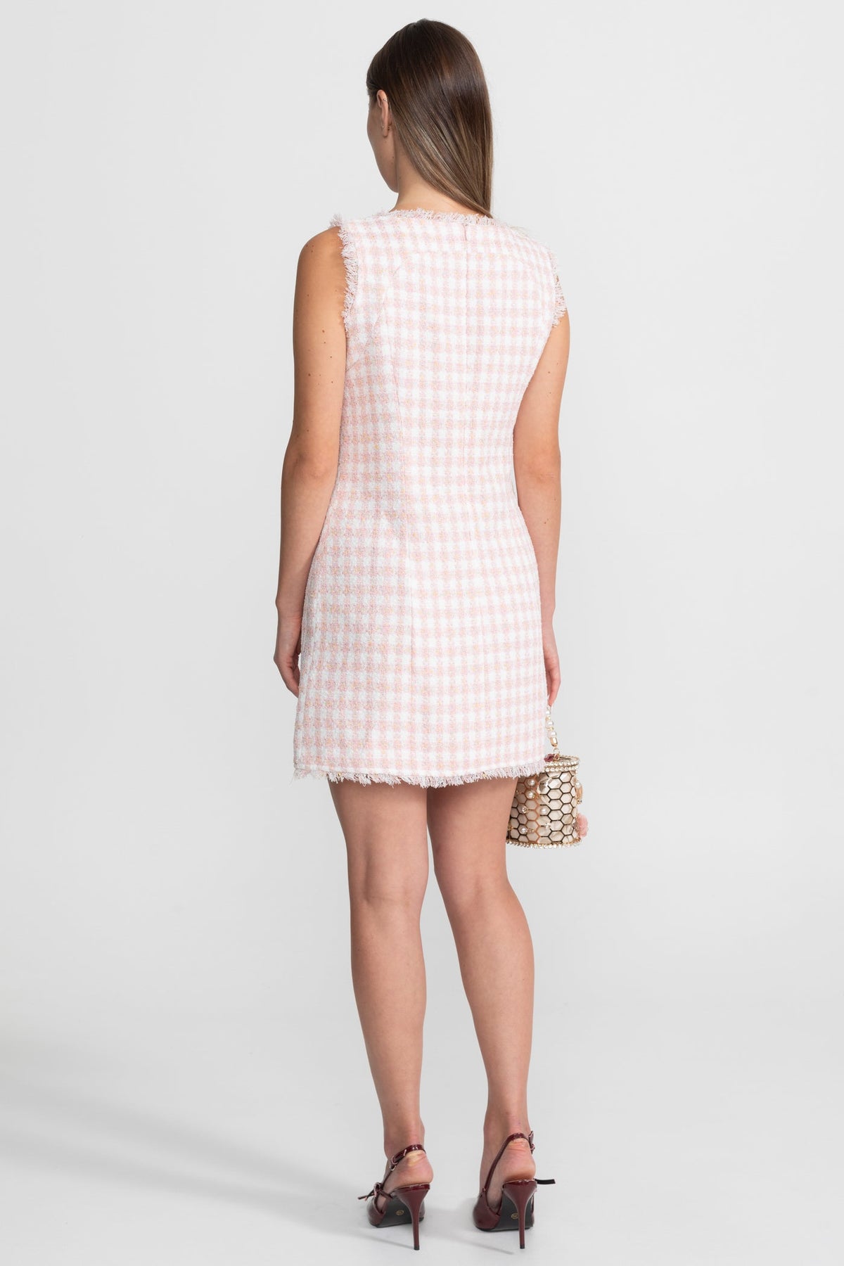 Square Neck Tweed Mini Dress with Frayed Trim – Blush Pink – view 6