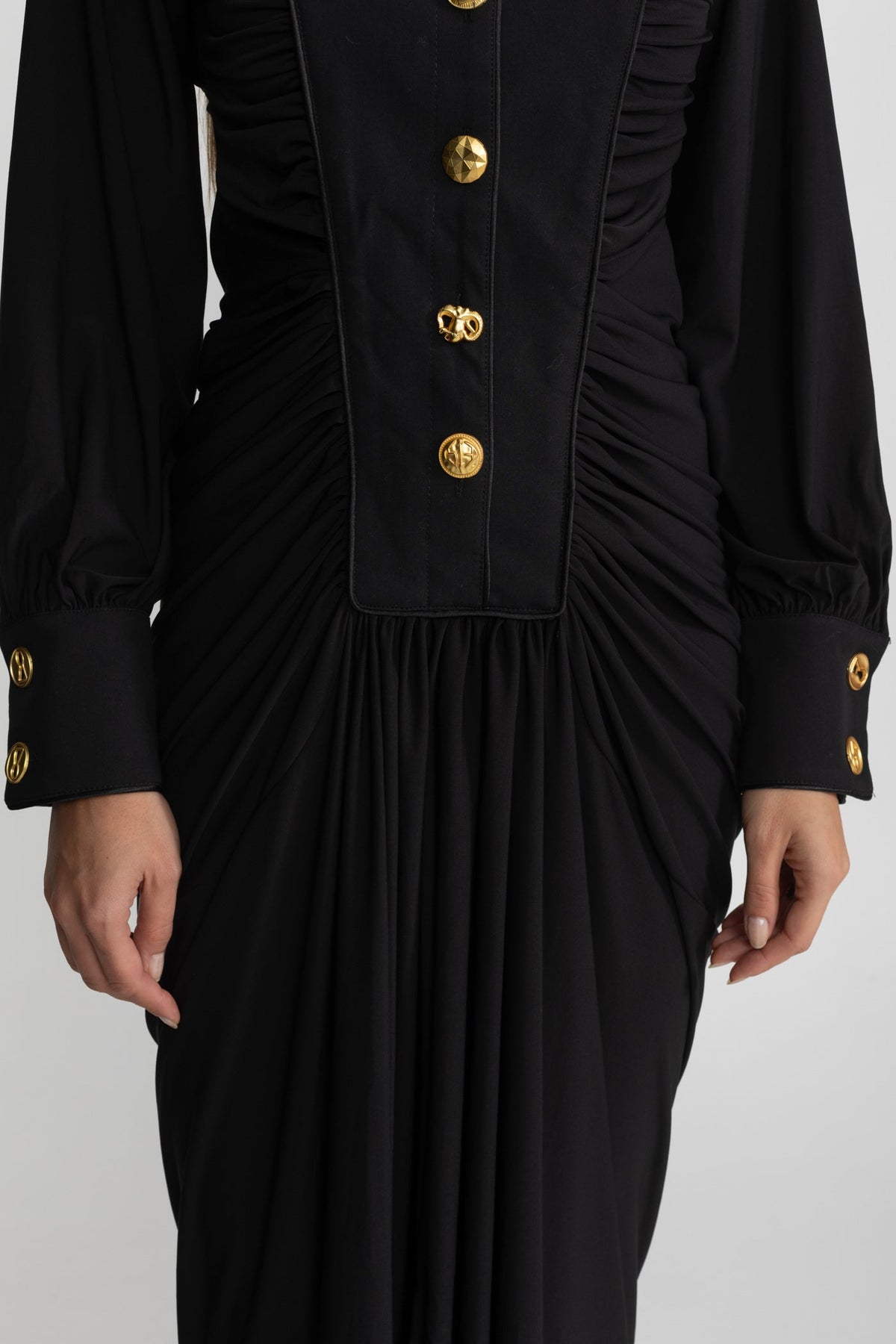 High Neck Long Sleeve Maxi Dress with Gold Statement Buttons – Black – view 7
