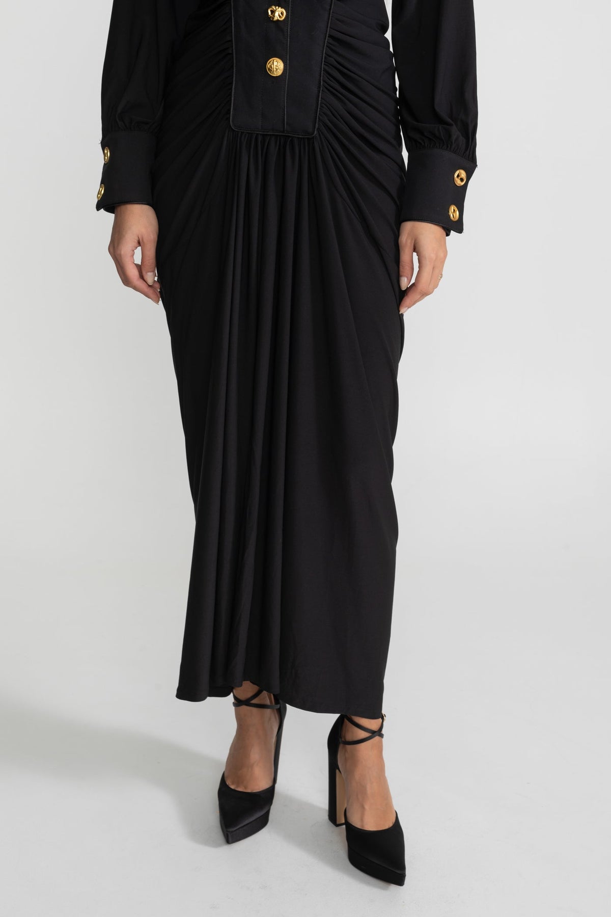 High Neck Long Sleeve Maxi Dress with Gold Statement Buttons – Black – view 6