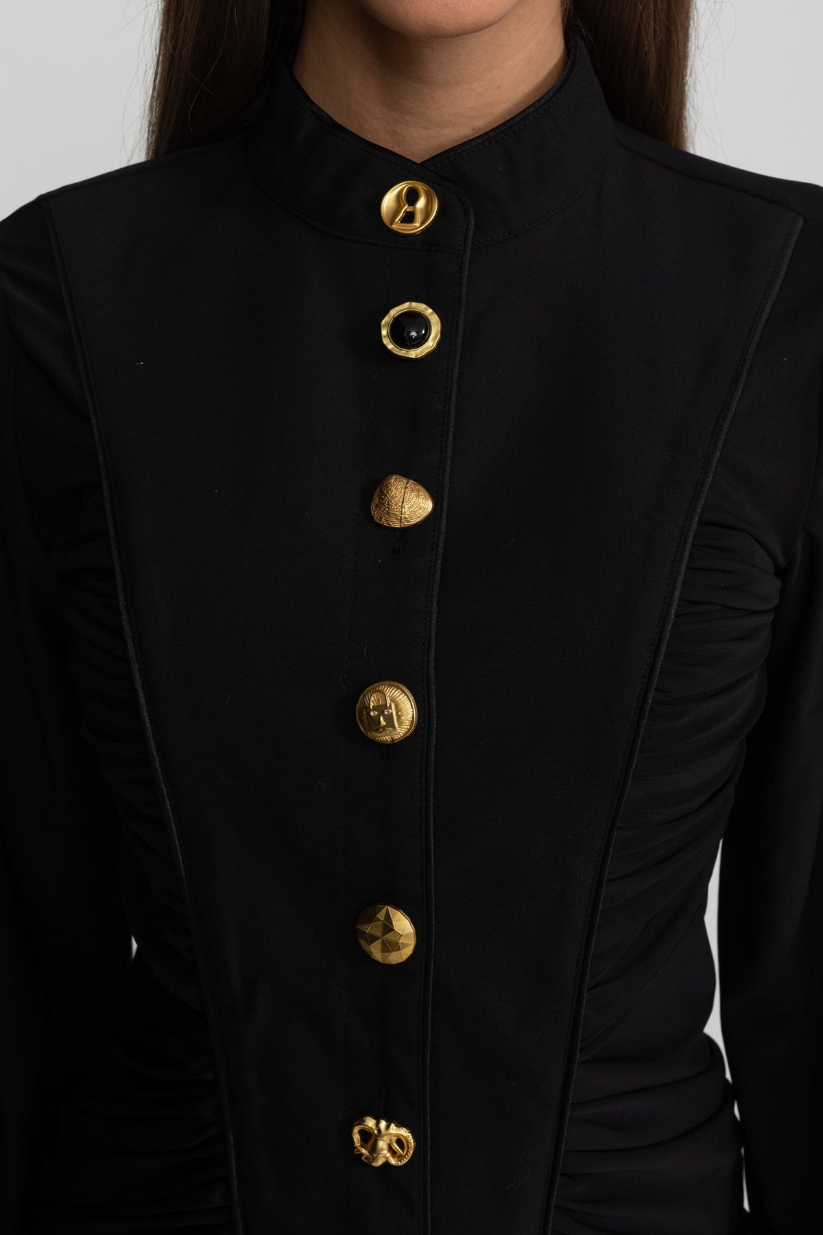 High Neck Long Sleeve Maxi Dress with Gold Statement Buttons – Black – view 5