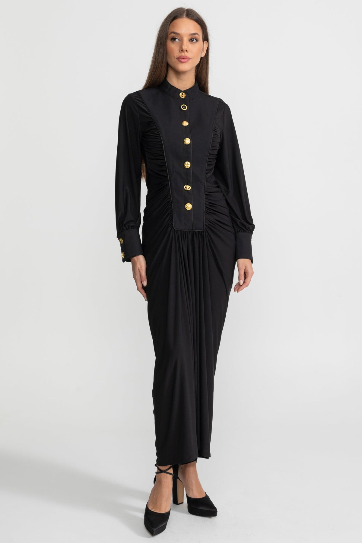 High Neck Long Sleeve Maxi Dress with Gold Statement Buttons – Black – view 3