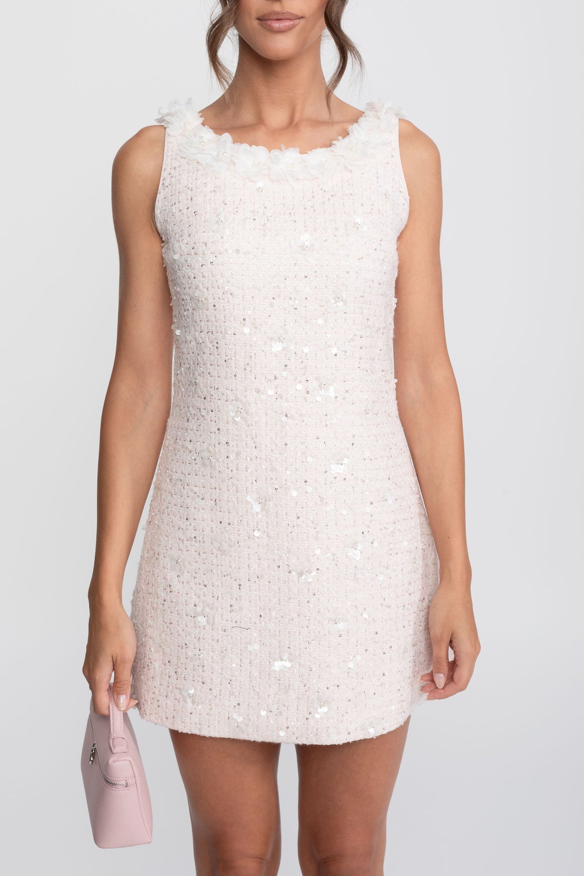 Ribbed Knit Mini Dress with Floral Embellished Neckline – Light Pink – view 5