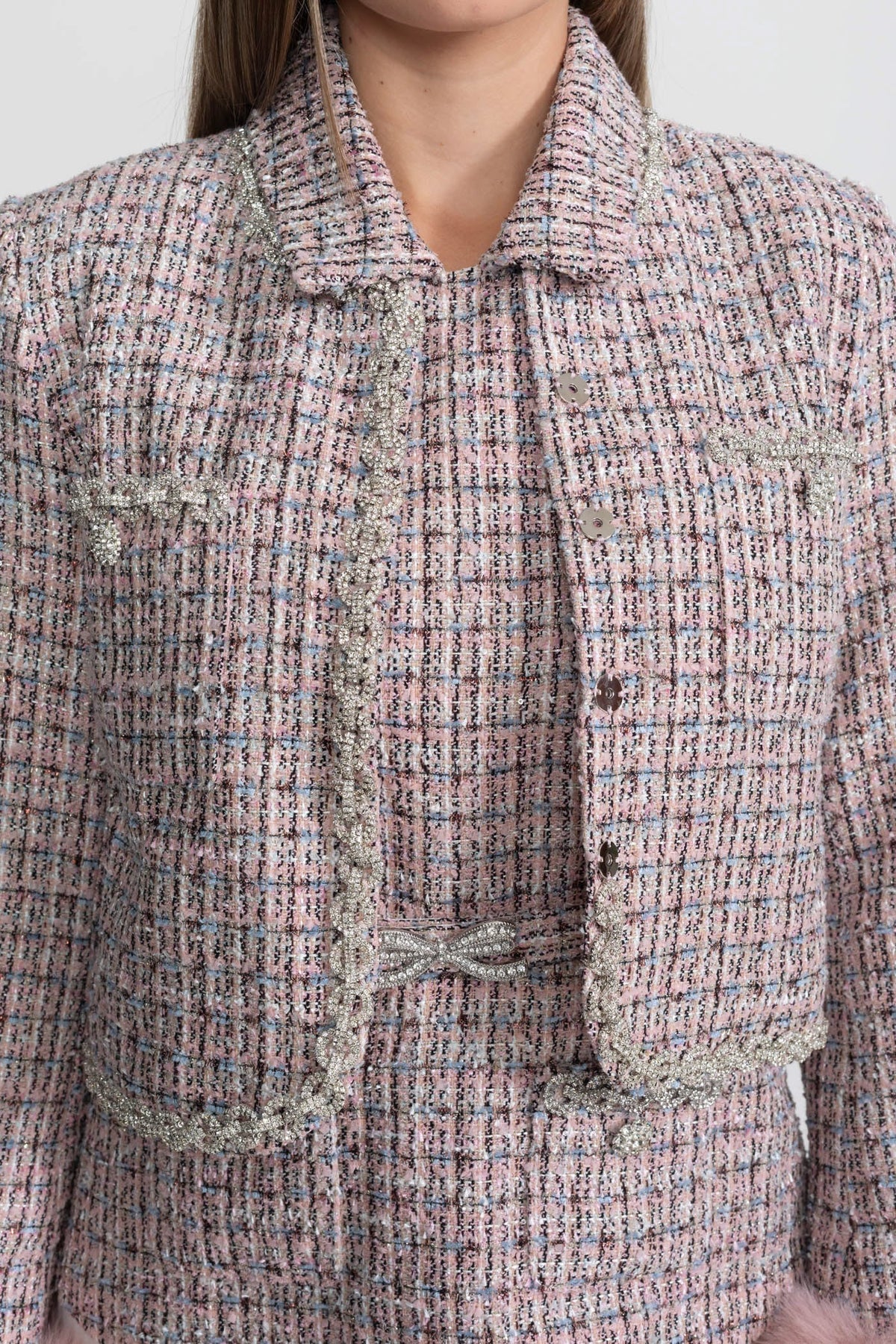 Open Front Tweed Cropped Jacket with Faux Fur Cuffs – Pink – view 5