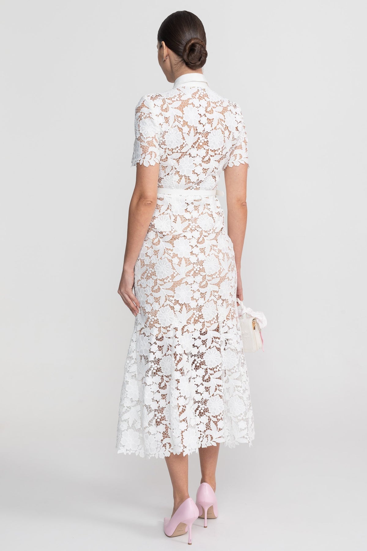 Lace Short Sleeve Collared Midi Dress with Belted Waist – White – view 5