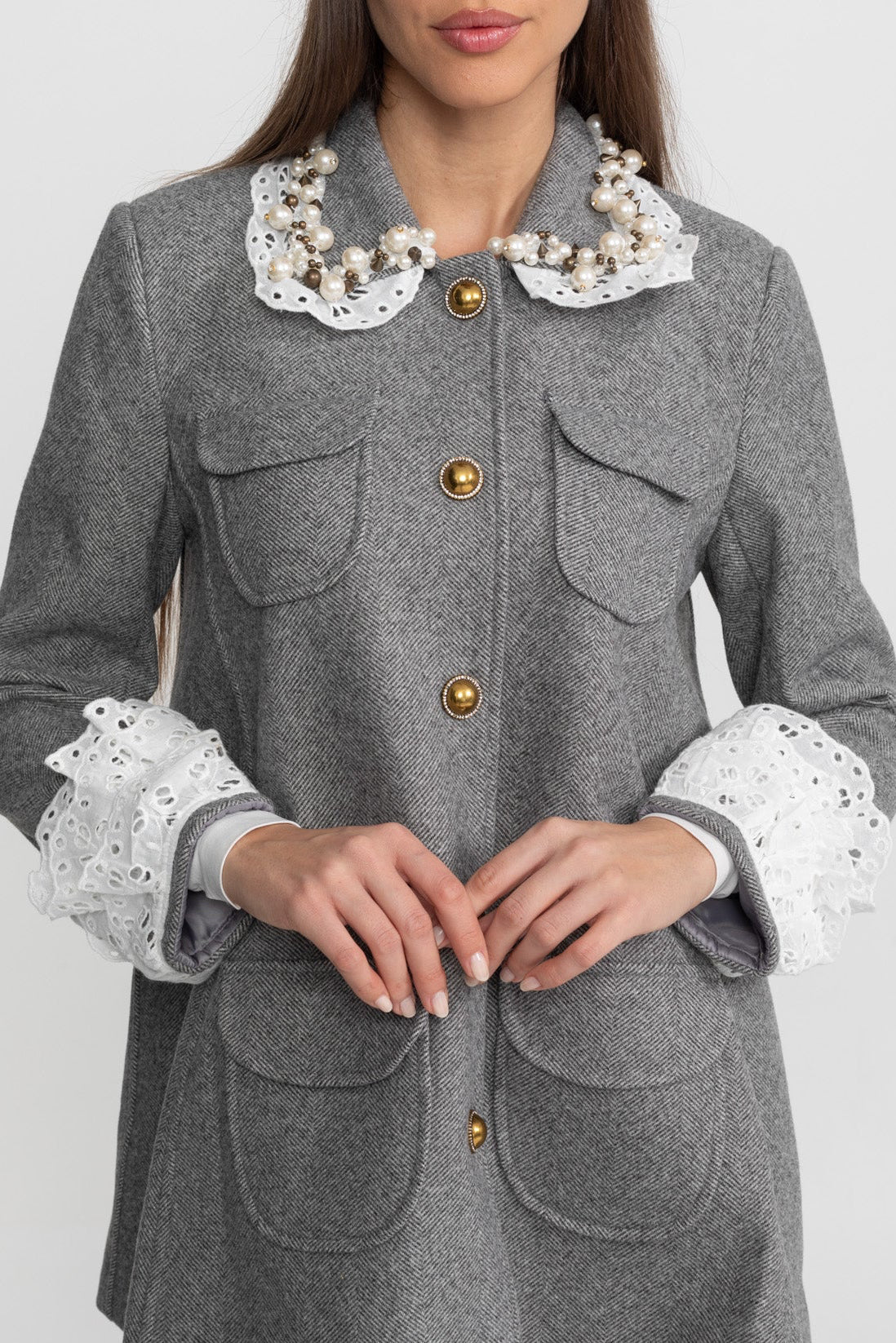 Flared Mini Coat with Pearl-Embellished Lace Collar – Grey