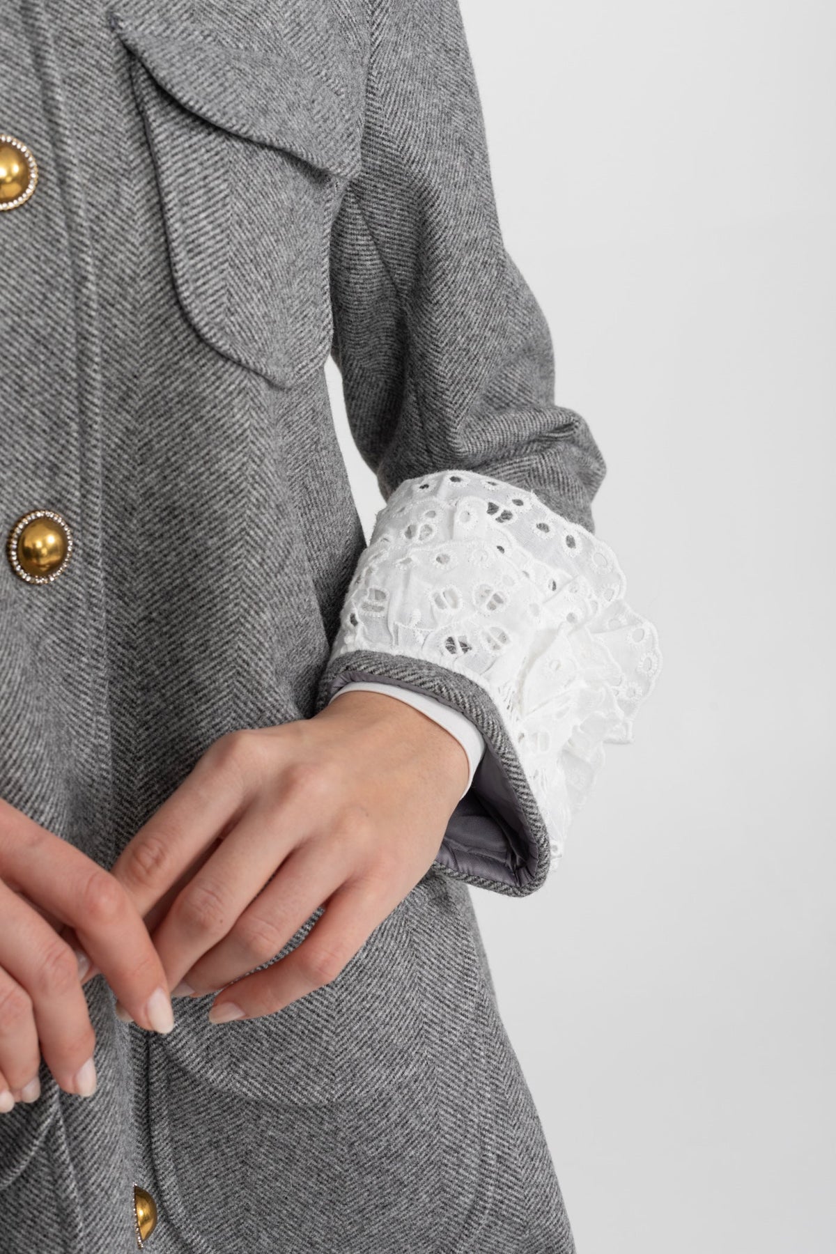 Flared Mini Coat with Pearl-Embellished Lace Collar – Grey – view 5