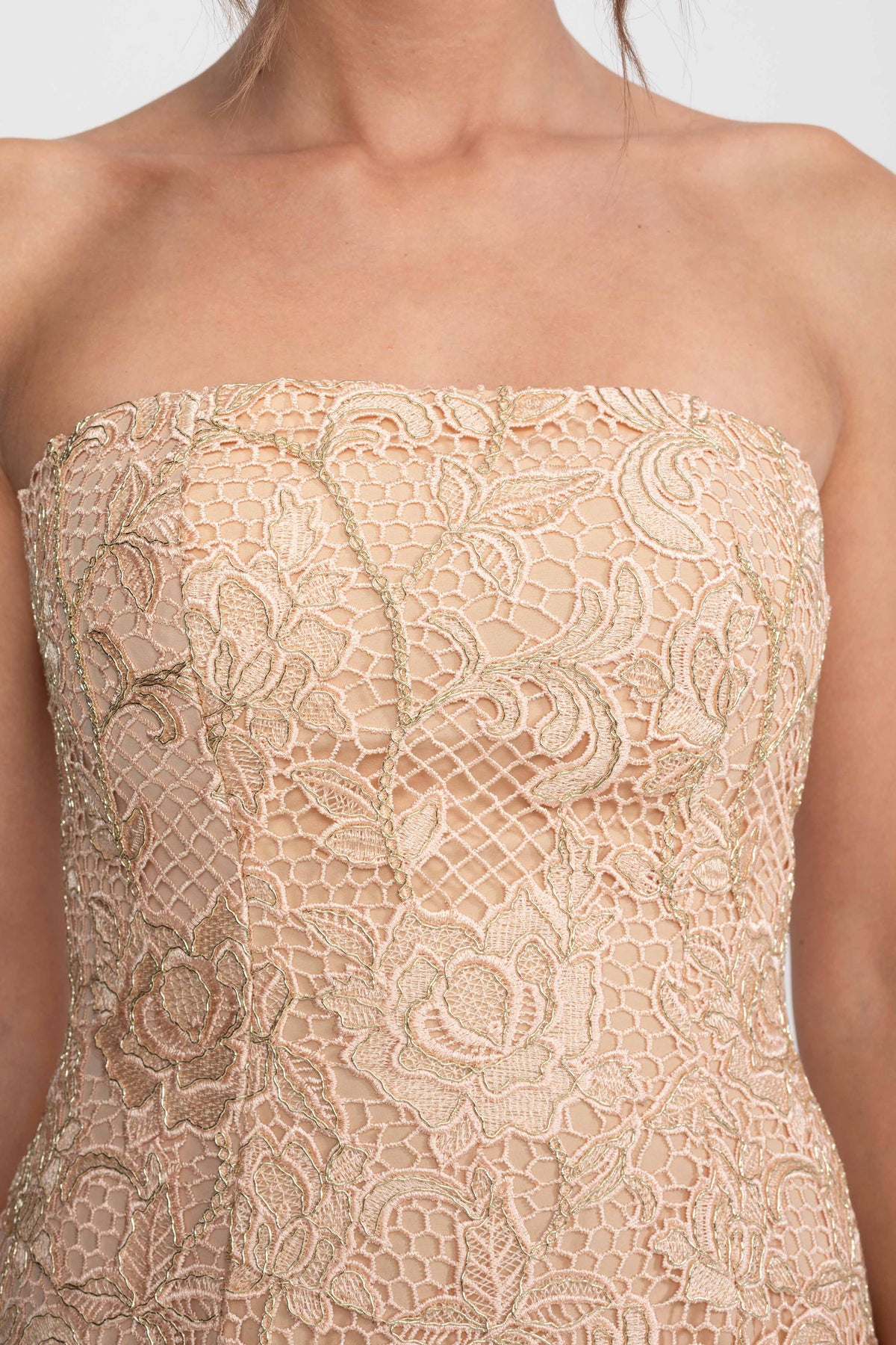 Strapless Floral Lace Ballgown with Full A-Line Skirt – Gold – view 4