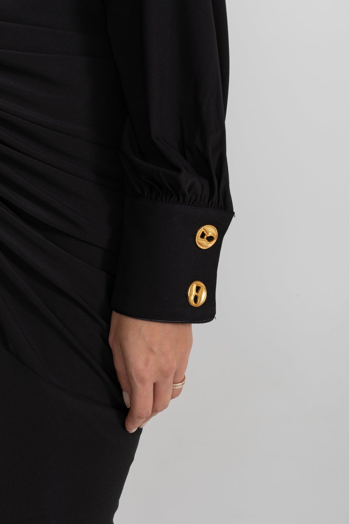 High Neck Long Sleeve Maxi Dress with Gold Statement Buttons – Black – view 4
