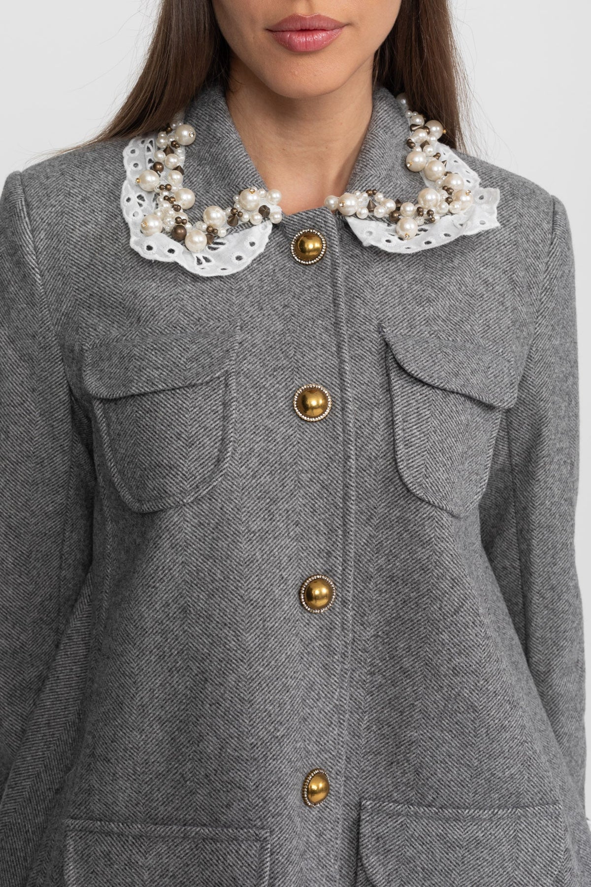 Flared Mini Coat with Pearl-Embellished Lace Collar – Grey