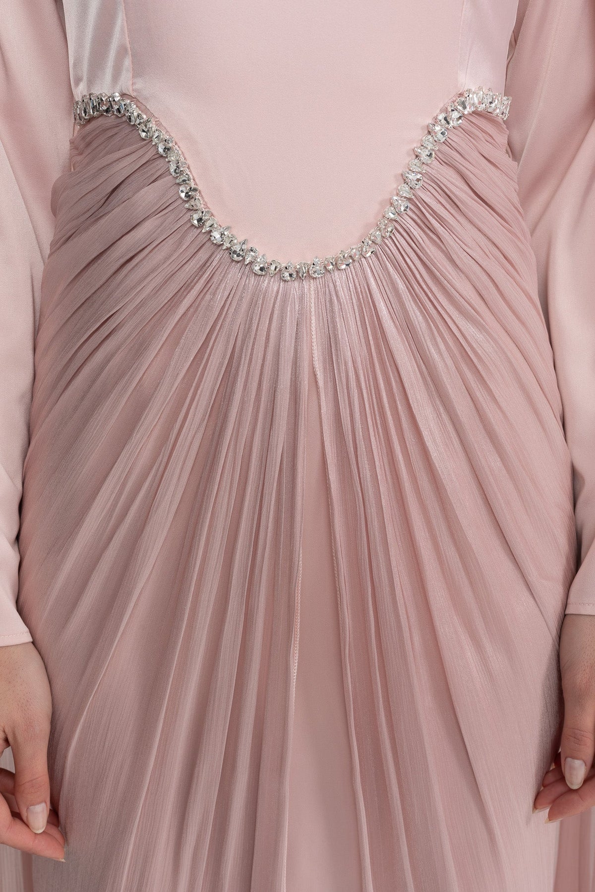 High Neck Maxi Dress with Draped Sheer Overlay and Crystal Waist – Blush Pink – view 8