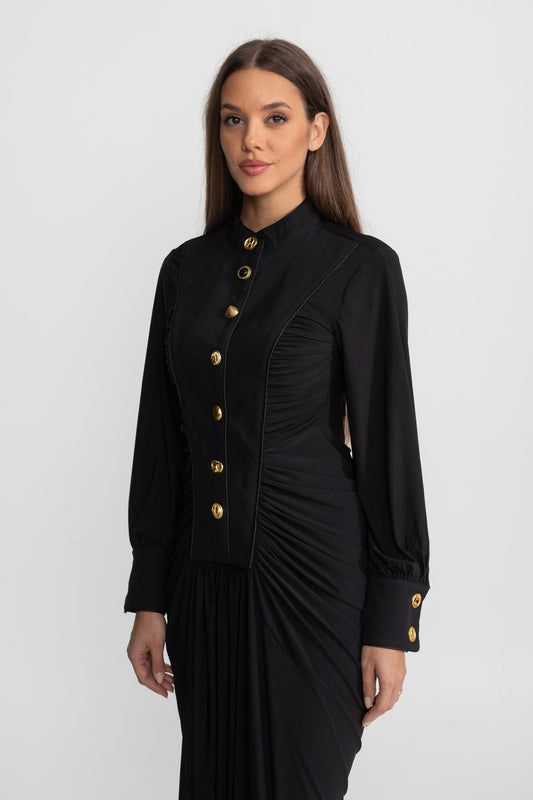High Neck Long Sleeve Maxi Dress with Gold Statement Buttons – Black – view 2