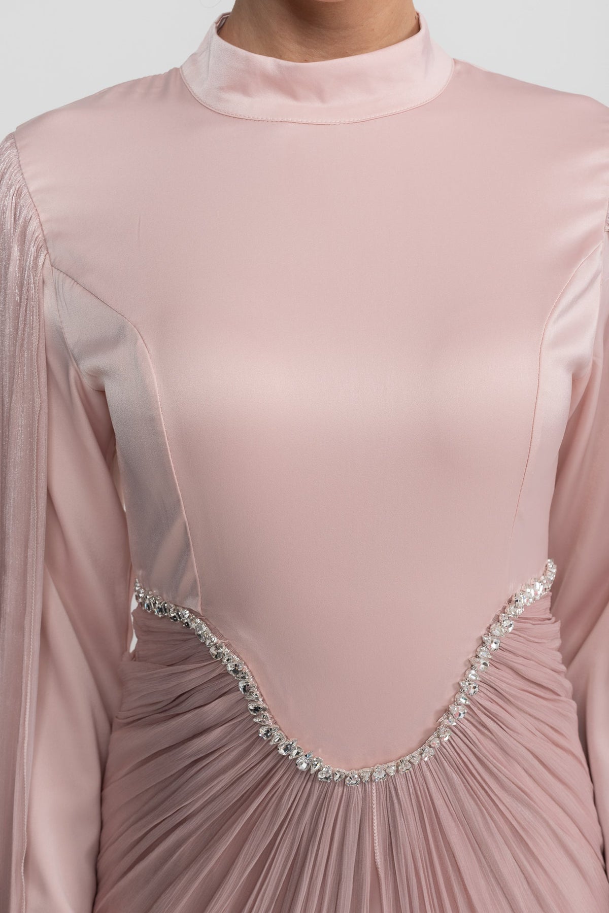 High Neck Maxi Dress with Draped Sheer Overlay and Crystal Waist – Blush Pink – view 9