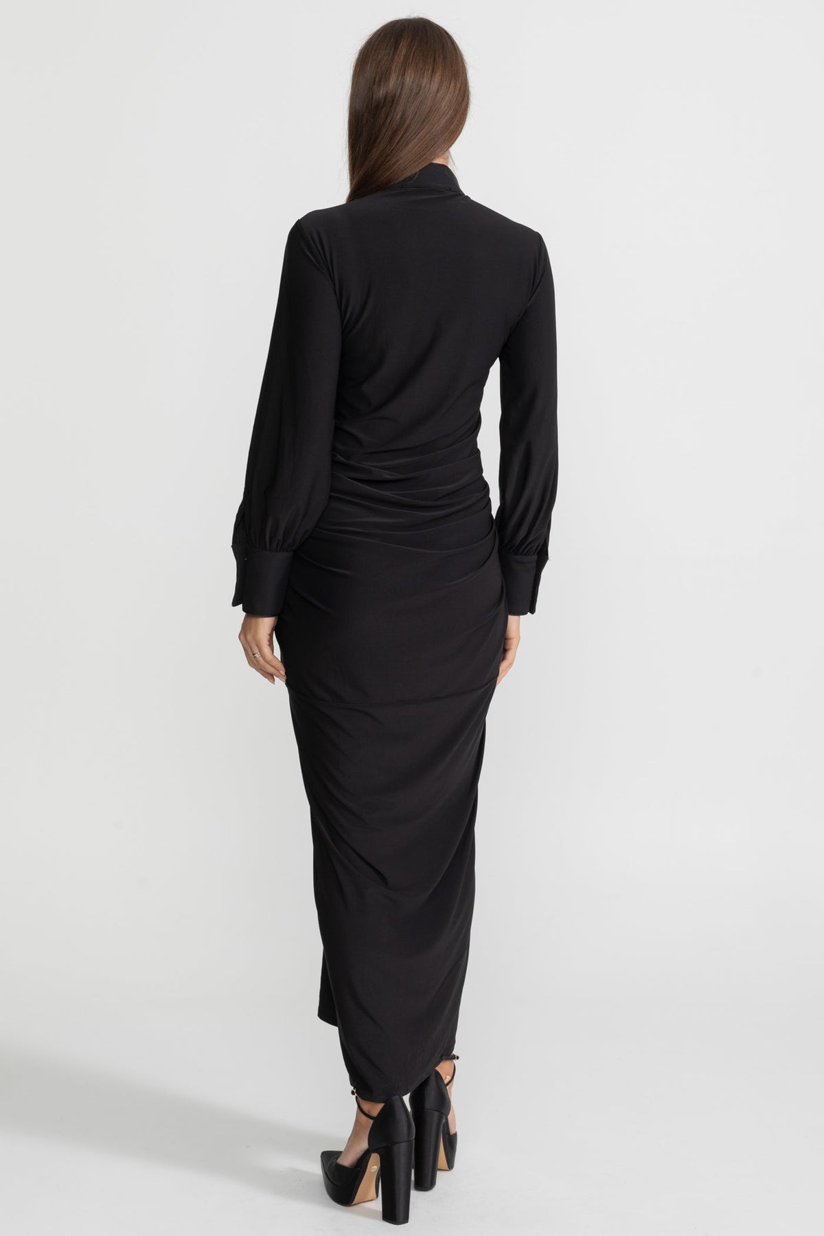 High Neck Long Sleeve Maxi Dress with Gold Statement Buttons – Black – view 8