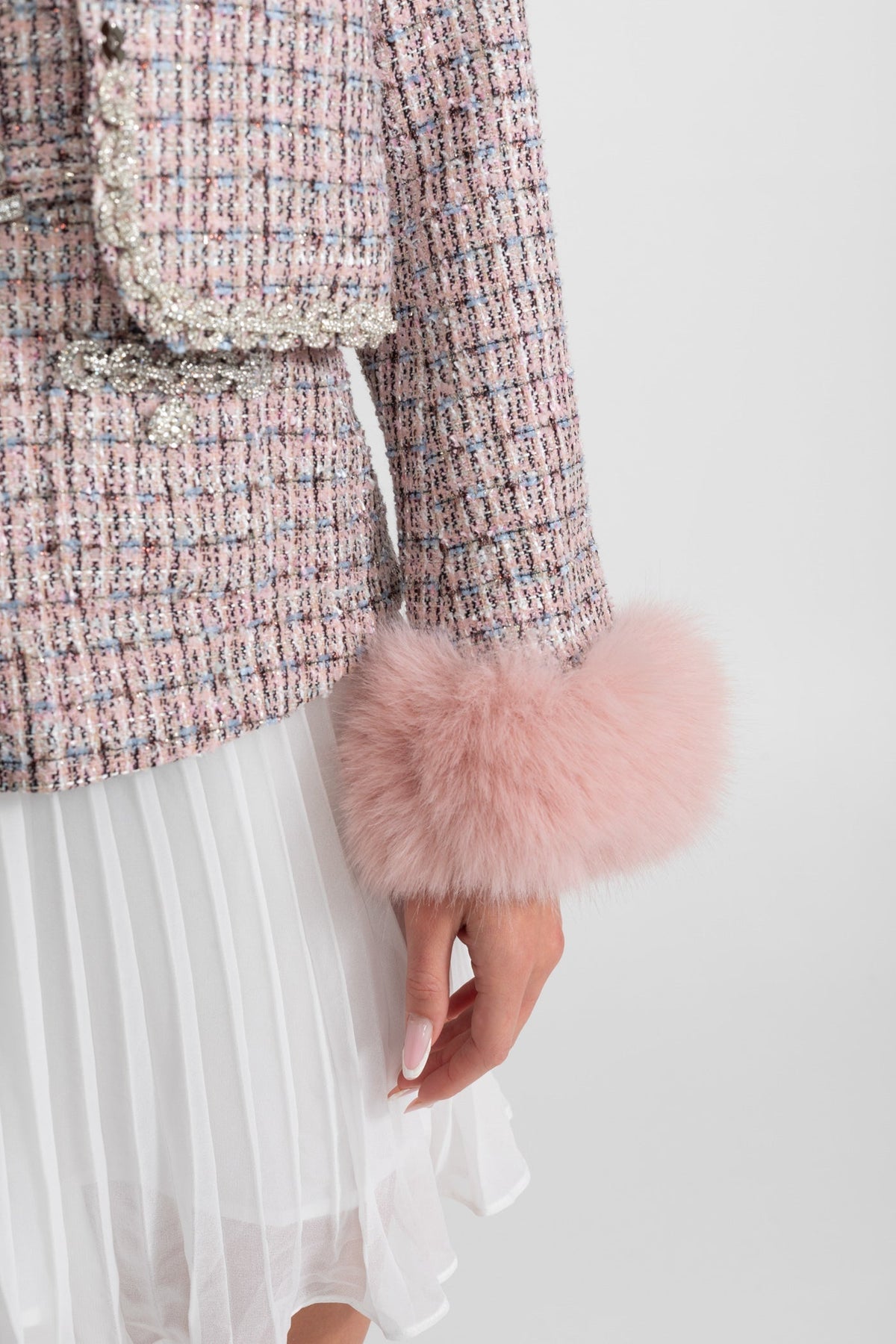 Open Front Tweed Cropped Jacket with Faux Fur Cuffs – Pink – view 7