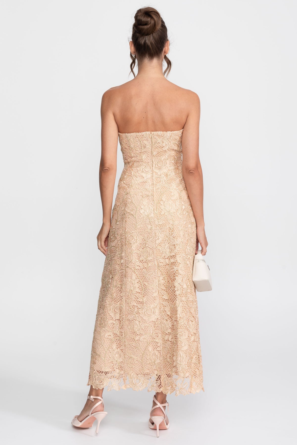 Strapless Floral Lace Ballgown with Full A-Line Skirt – Gold – view 5