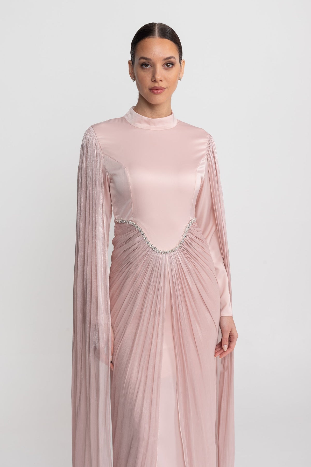 High Neck Maxi Dress with Draped Sheer Overlay and Crystal Waist – Blush Pink – view 6